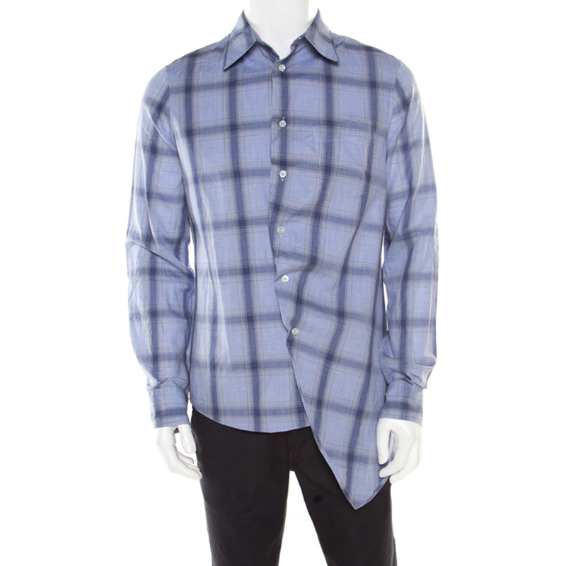 Pre Owned Alexander McQueen Blue Cotton Tartan Plaid Asymmetric Hem Draped Shirt M
