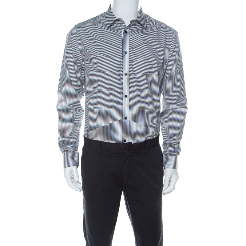 مملوكة مسبقًا Alexander McQueen Black & White Striped Cotton Rib Cage Stitch Full Sleeve Shirt XL
