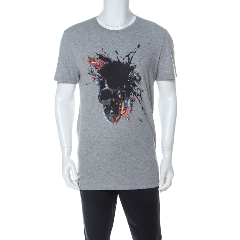 Pre Owned Alexander McQueen Grey Exploded Skull Printed Cotton T-Shirt XL