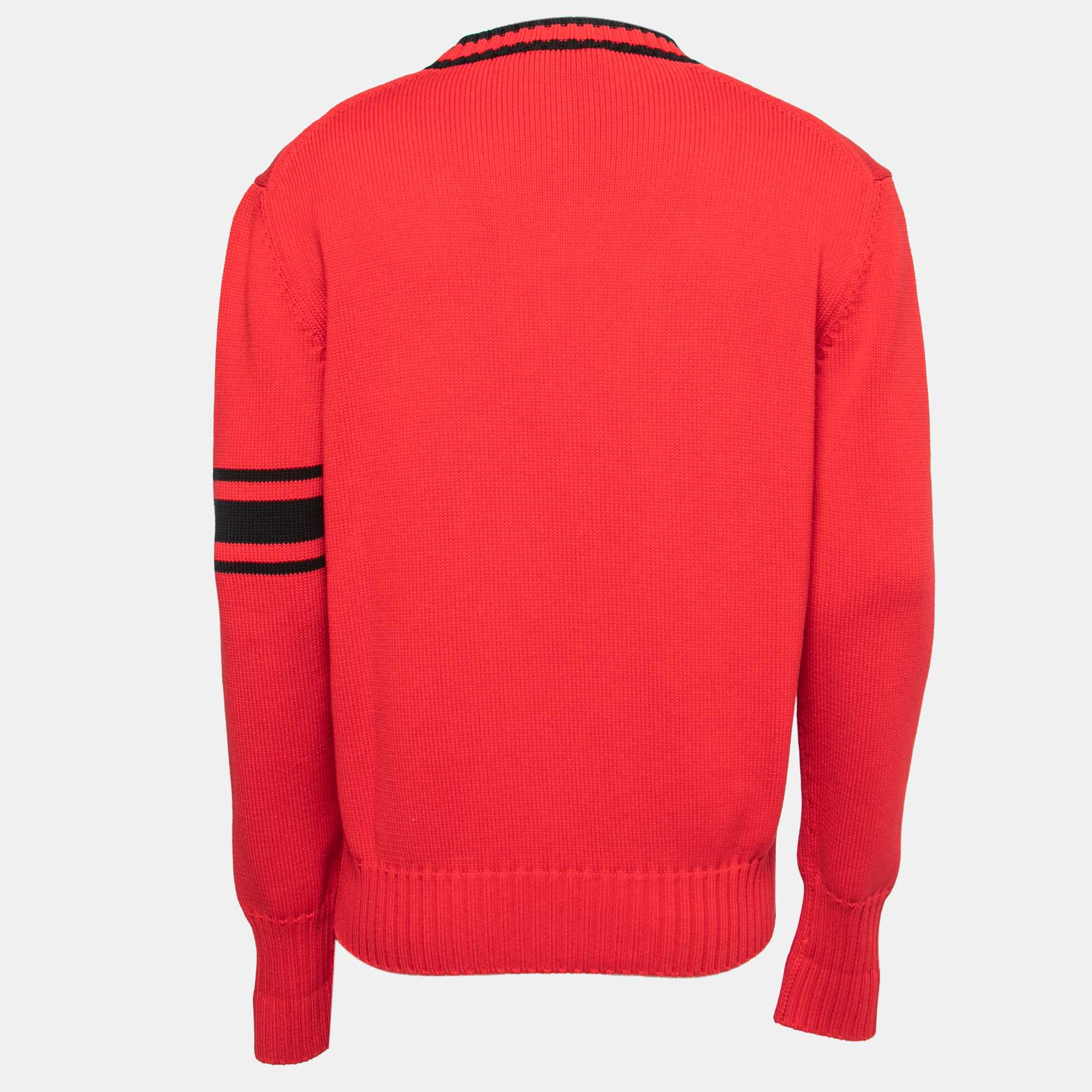 

Alexander McQueen Red Logo Patterned Cotton Knit Crew Neck Sweater