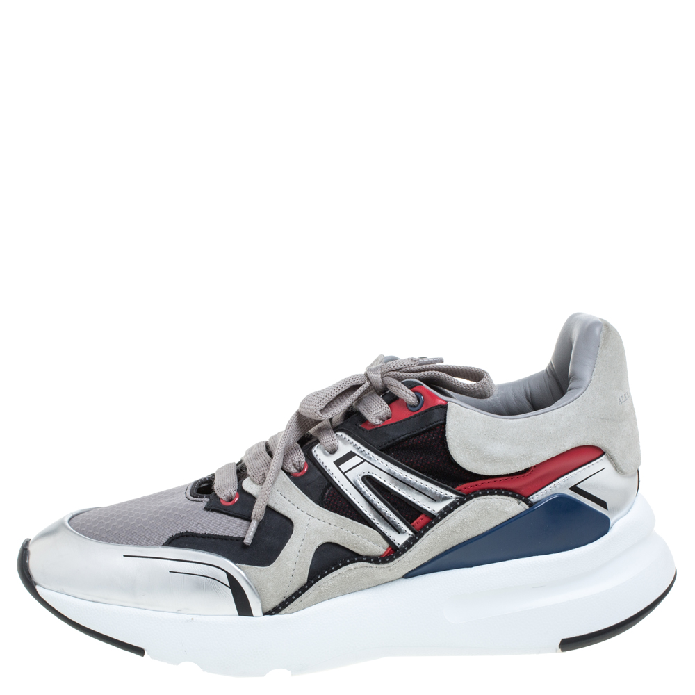 

Alexander McQueen Grey/Silver Suede Leather And Mesh Runner Low Top Sneakers Size