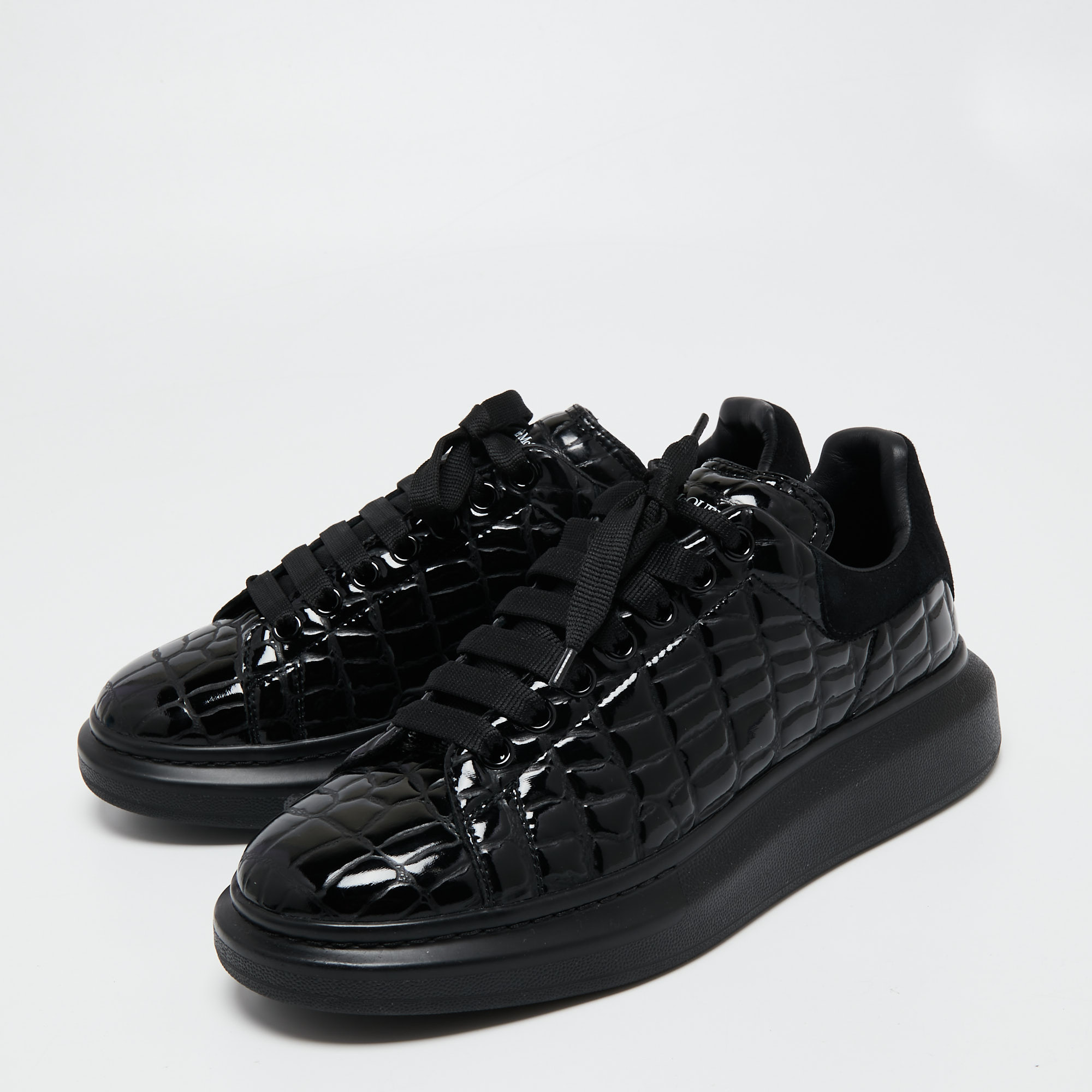 

Alexander McQueen Black Croc Embossed Patent Leather Oversized Sneakers Size