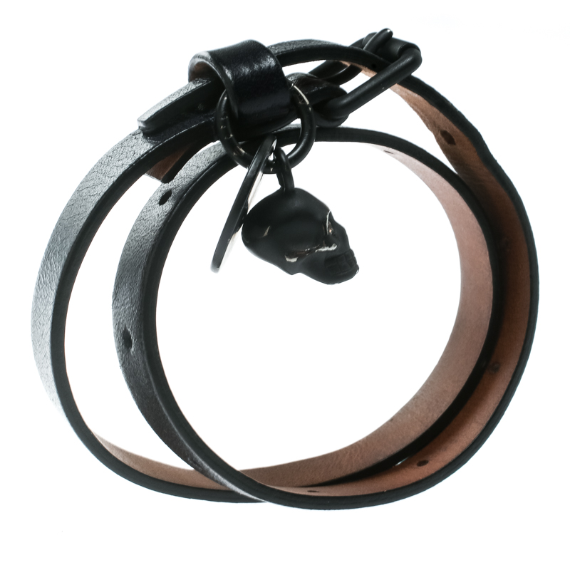 

Alexander McQueen Skull Charm Black Leather Double Wrap Bracelet