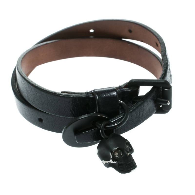 Pre Owned Alexander McQueen Skull Charm Black Leather Double Wrap Bracelet