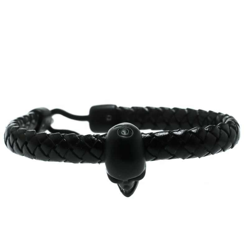 Pre Owned Alexander McQueen Skull Black Charm Woven Leather Hook Bracelet