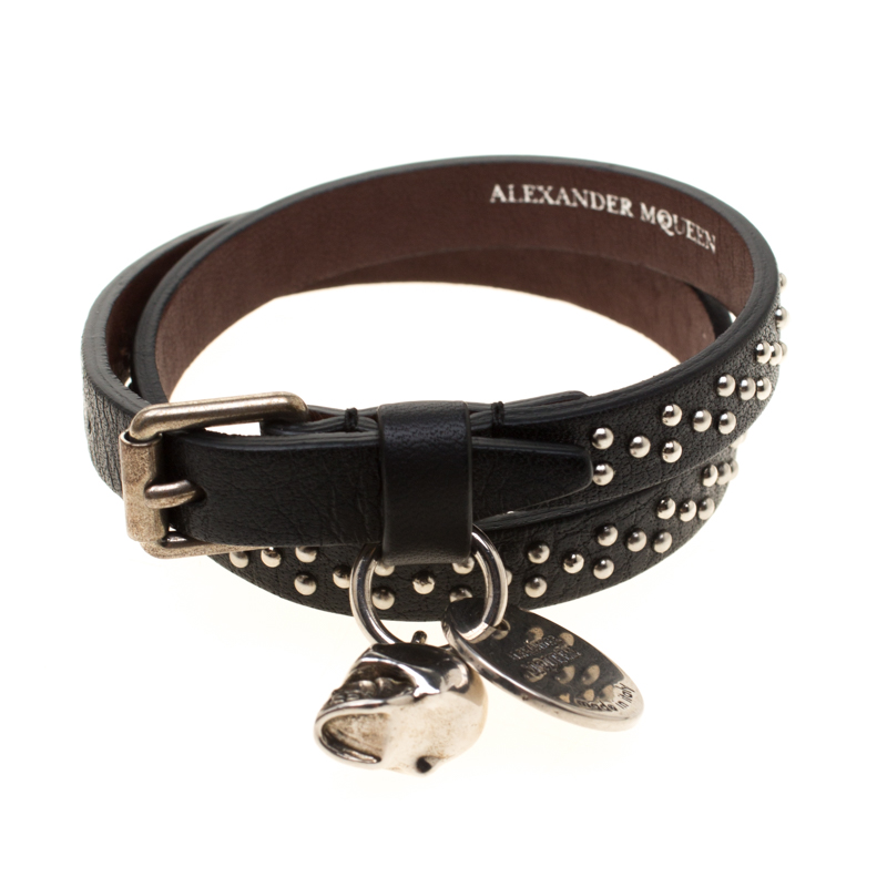 Alexander McQueen Black Studded Leather Skull Charm Double Wrap Bracelet 