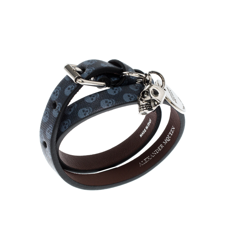 

Alexander McQueen Blue Printed Leather Skull Charm Double Wrap Bracelet