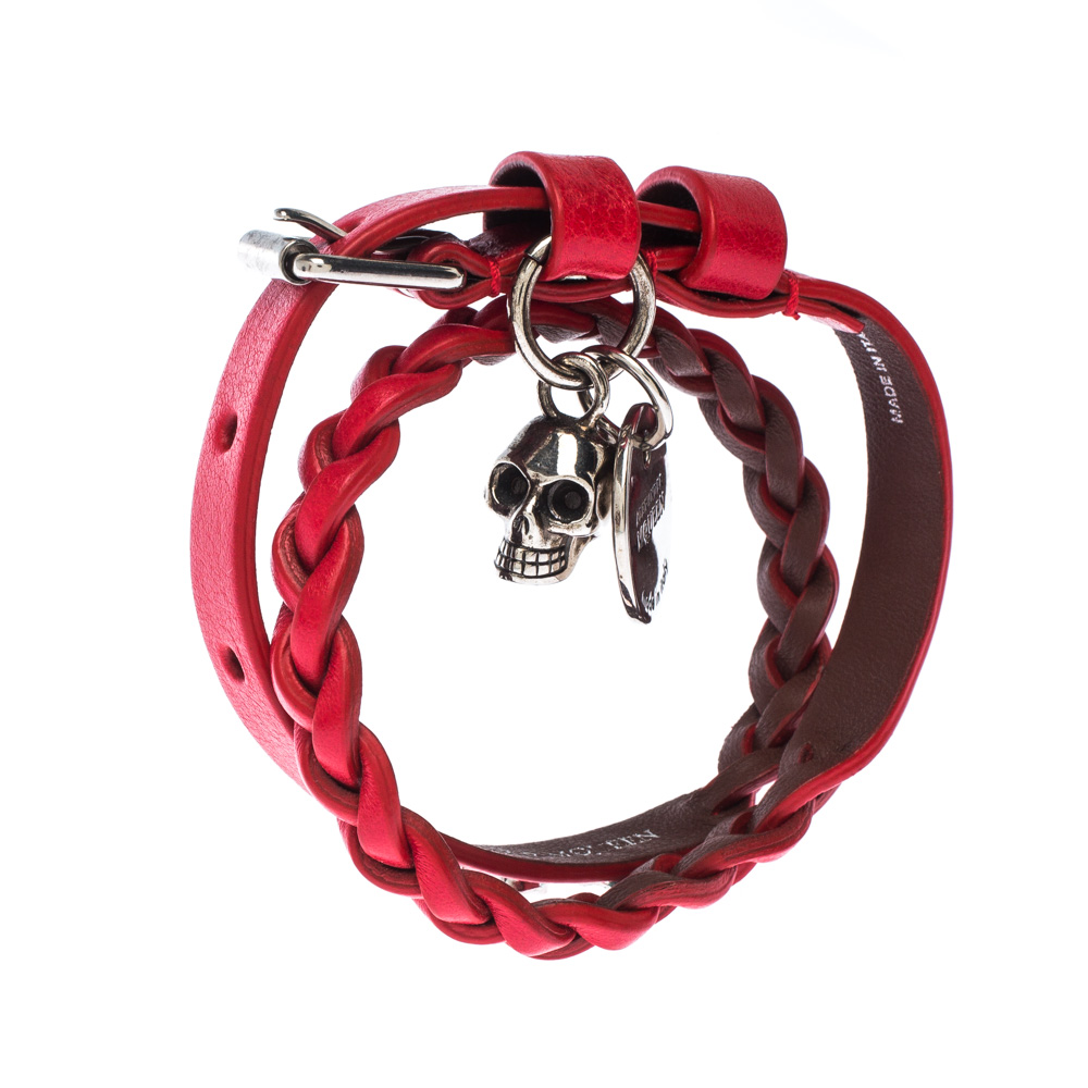 

Alexander McQueen Red Double Wrap Skull Charm Leather Bracelet