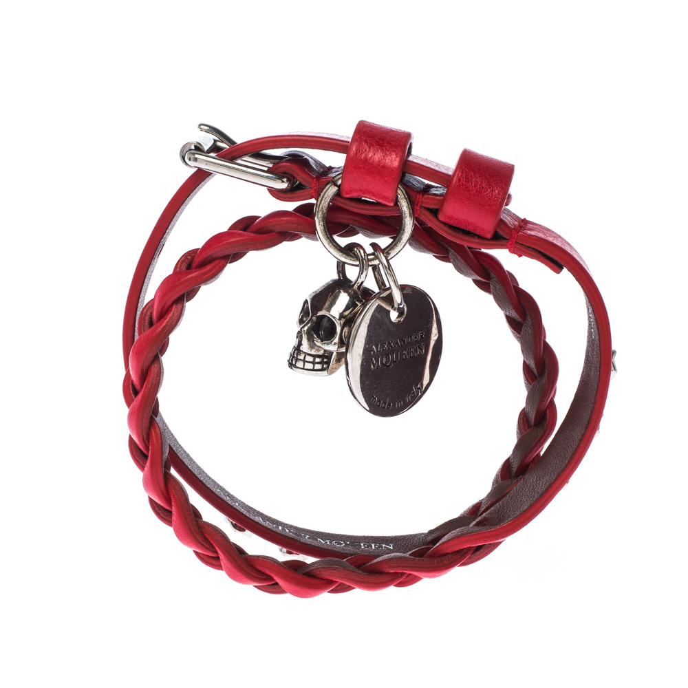 Alexander McQueen Red Double Wrap Skull Charm Leather Bracelet