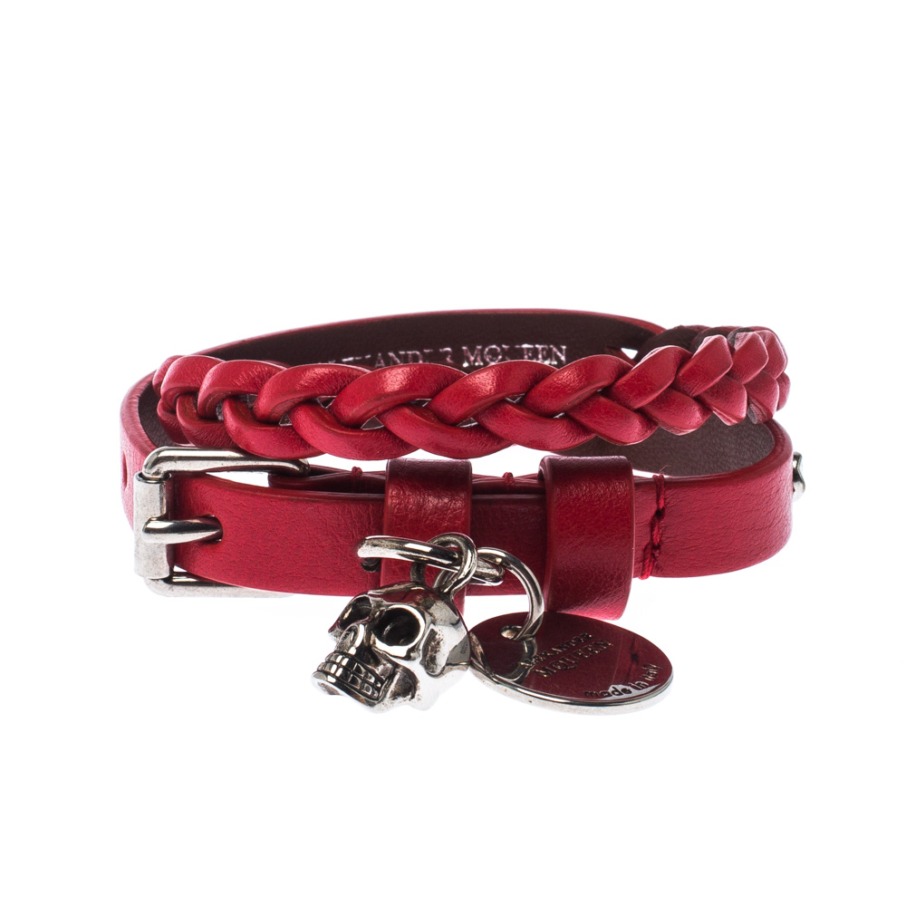 Pre Owned Alexander McQueen Red Double Wrap Skull Charm Leather Bracelet