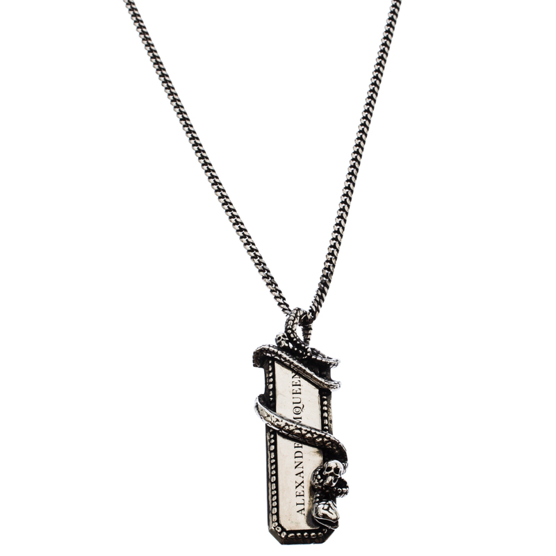 Pre Owned Alexander McQueen Silver Tone Snake Tag Necklace
