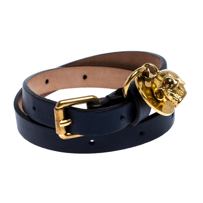 Pre Owned Alexander McQueen Skull Charm Navy Blue Leather Wrap Bracelet