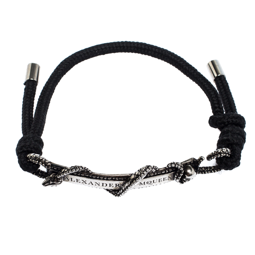 

Alexander McQueen Antique Silver Tone Skull Snake Bar Bracelet, Black