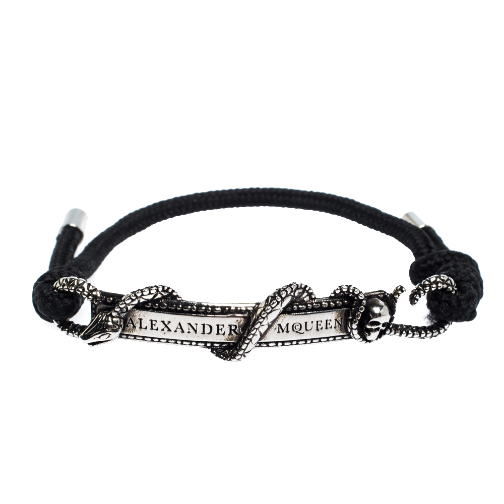 Pre Owned Alexander McQueen Antique Silver Tone Skull Snake Bar Bracelet