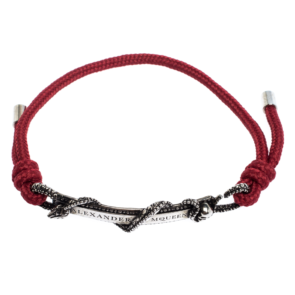 

Alexander McQueen Antique Silver Tone Skull Snake Bar Bracelet, Red