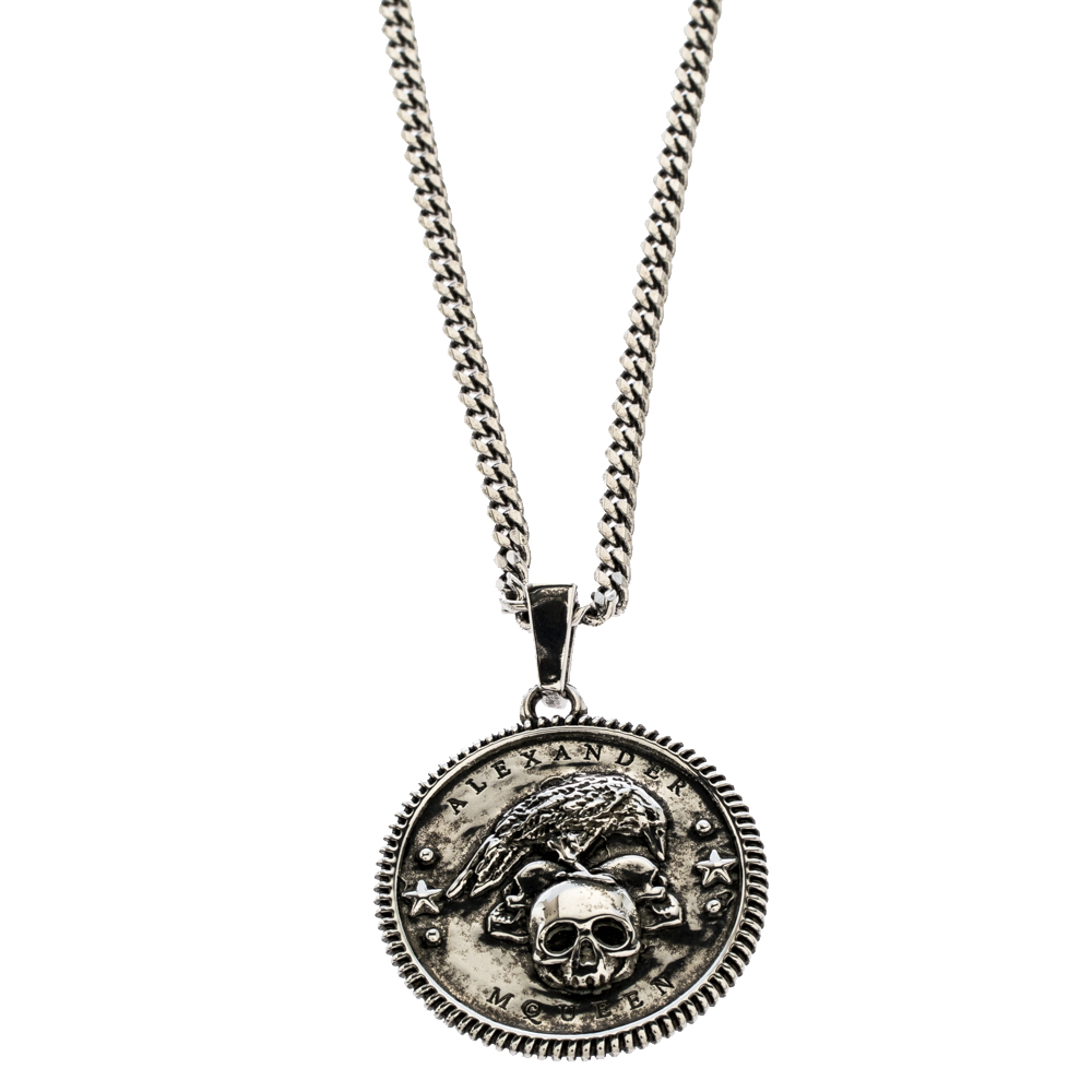 Alexander McQueen Crow & Skull Motif Medallion Silver Tone Long Necklace