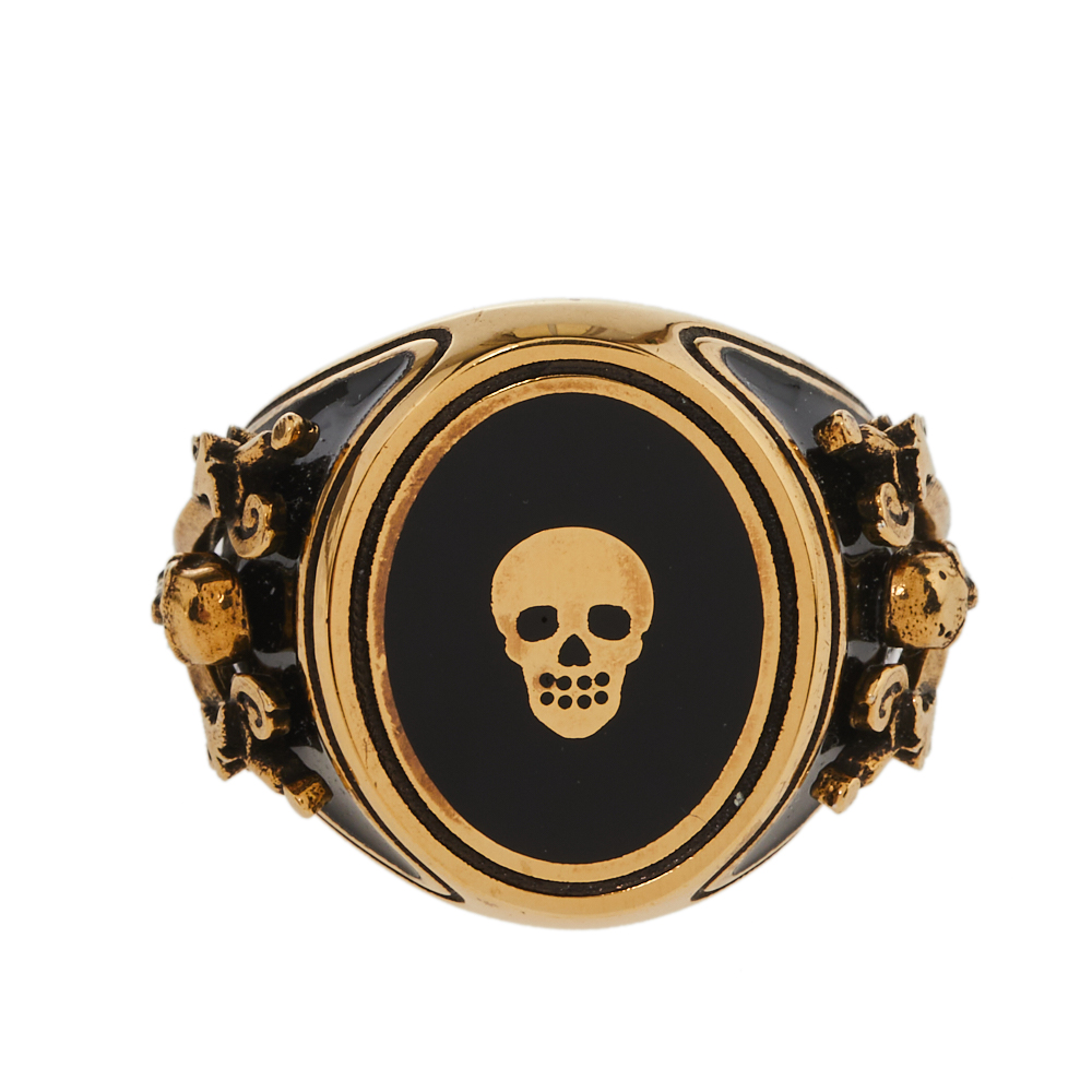 

Alexander McQueen Skull Motif Enamel Gold Tone Ring Size, Black