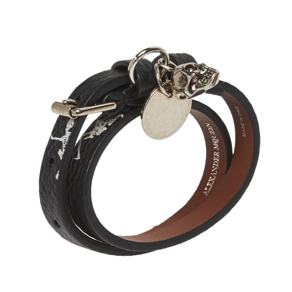 

Alexander McQueen Black Printed Leather Skull Charm Double Wrap Bracelet