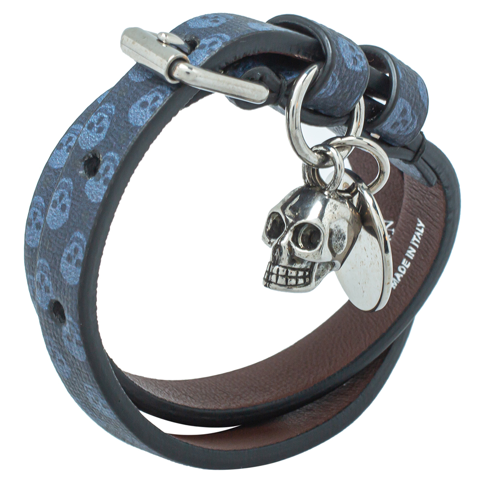 

Alexander McQueen Blue Skull Print Leather Double Wrap Bracelet