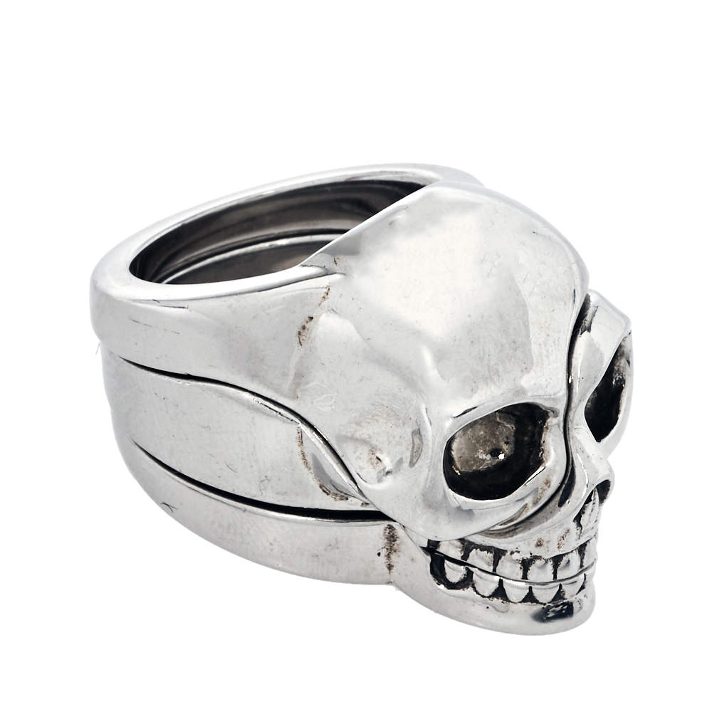 Pre-owned Alexander Mcqueen Divided Skull Silver Tone Ring Size 21