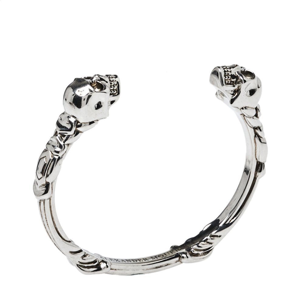 

Alexander McQueen Silver Tone Twin Textured Skull Cuff Bracelet