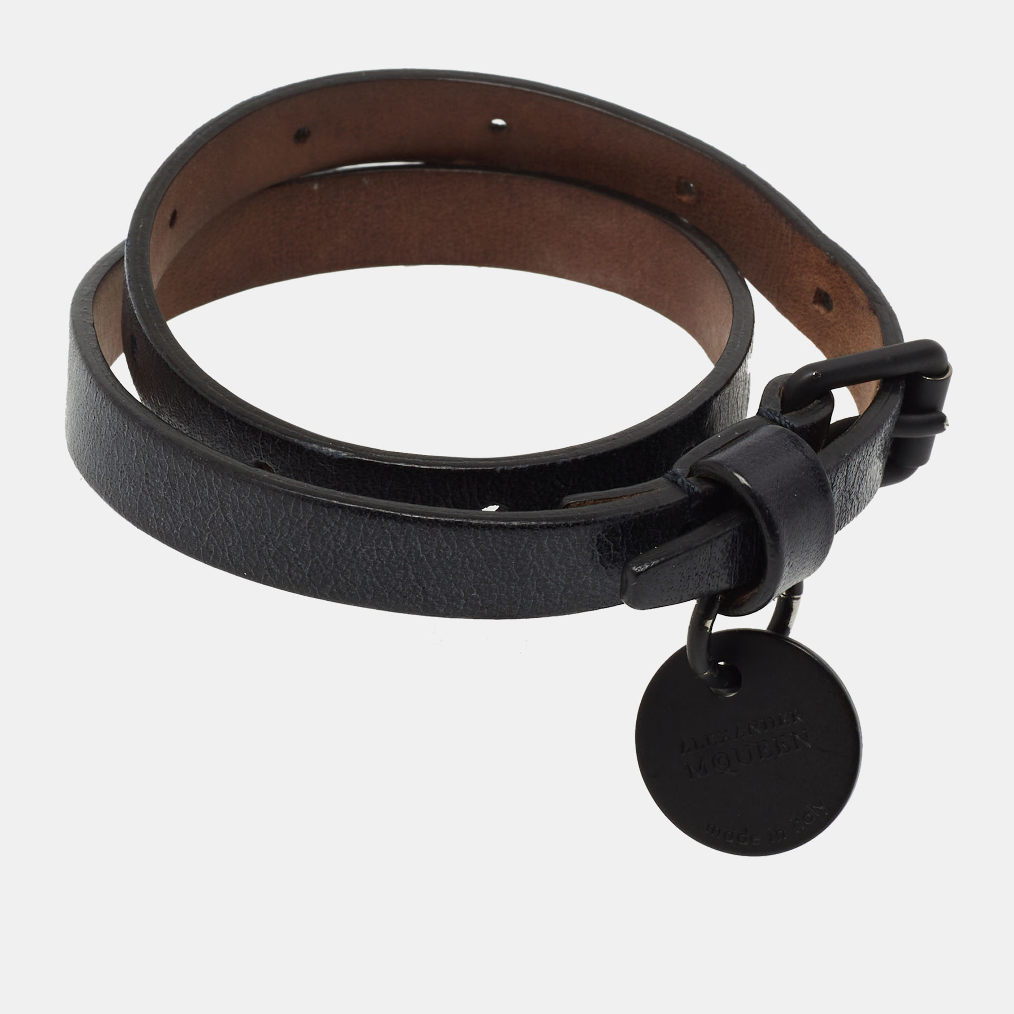 

Alexander McQueen Black Leather Double Wrap Skull Charm Bracelet