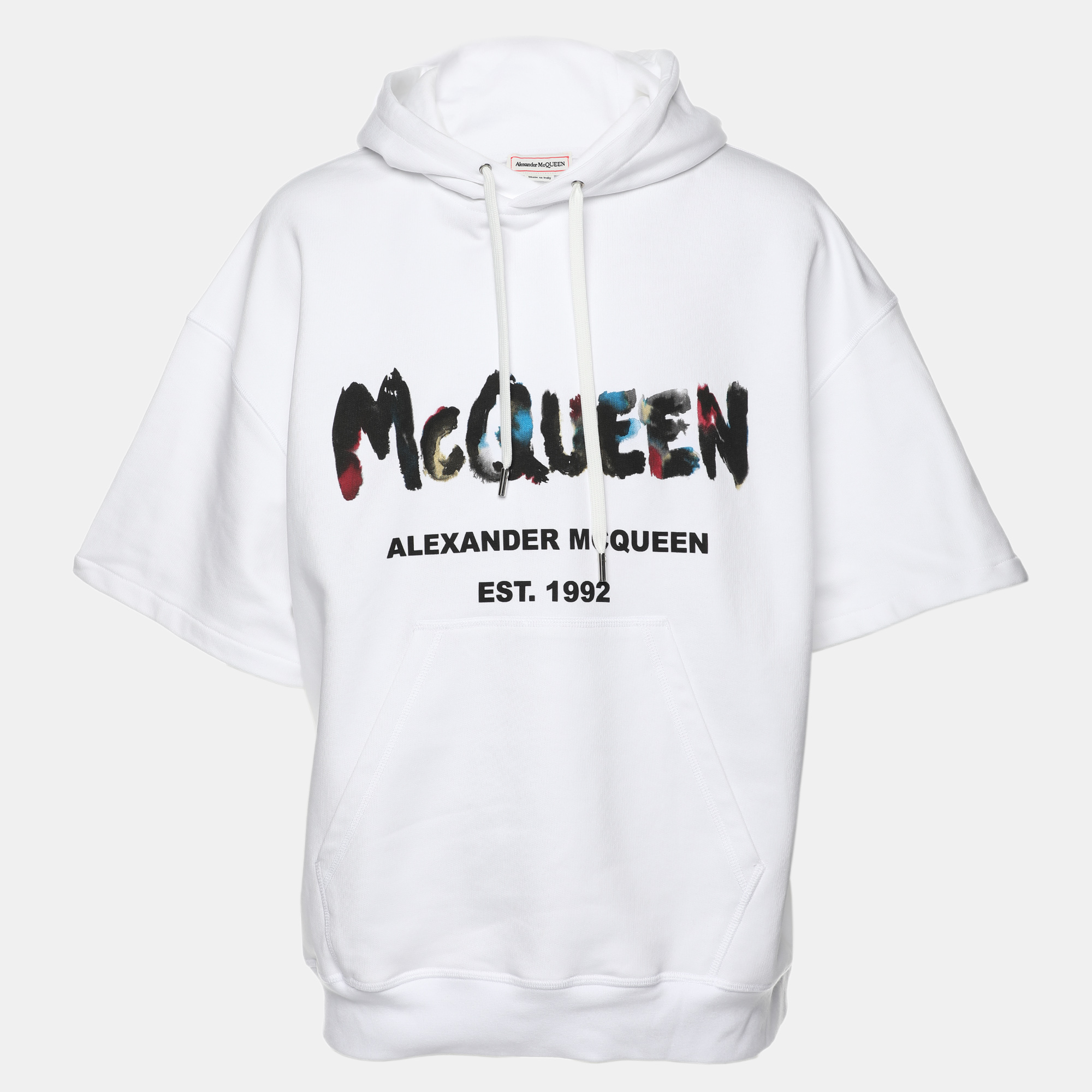 Pre-owned Alexander Mcqueen White Cotton Knit Logo Print Short Sleeve Hoodie Xs