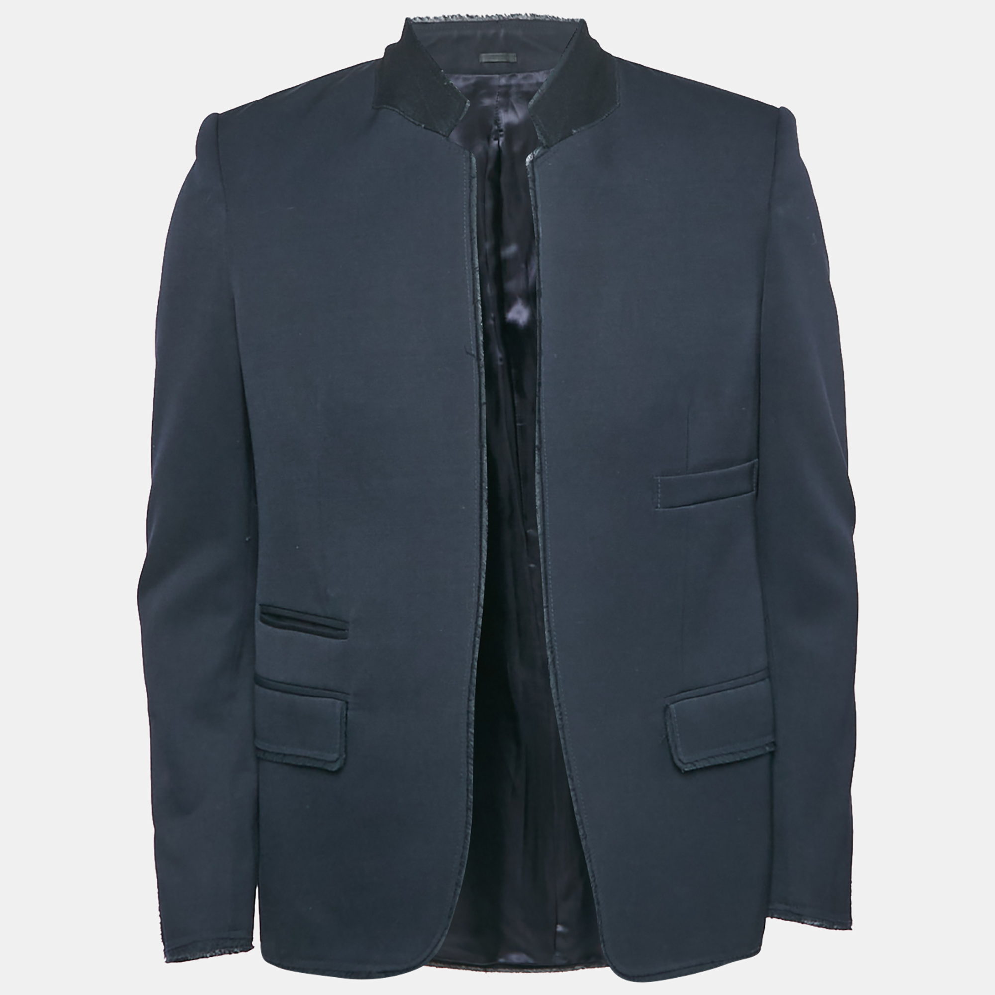 

Alexander McQueen Navy Blue Raw Edge Detail Open Front Blazer M