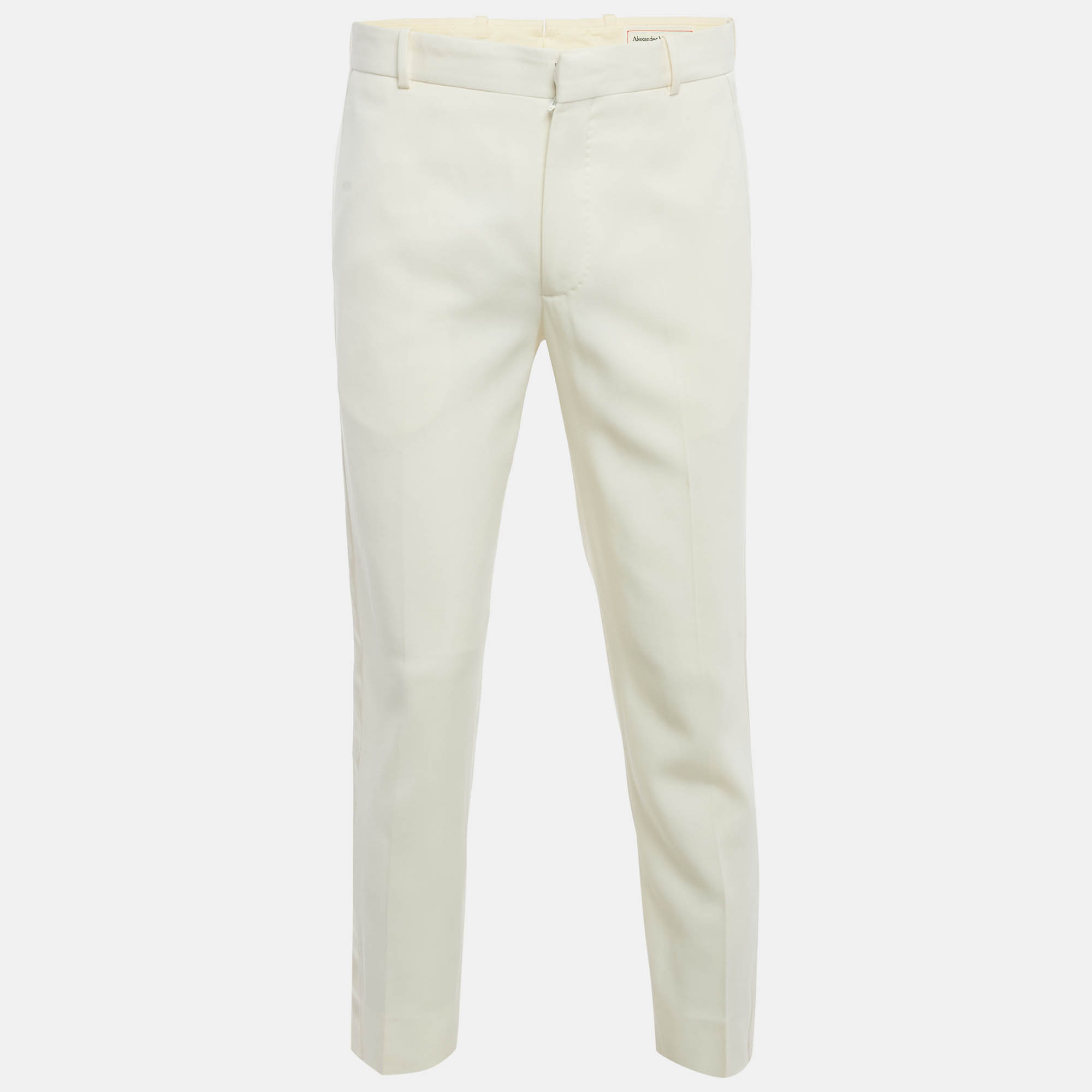 Pre-owned Alexander Mcqueen Cream Cotton Satin Side Trim Trousers M In White