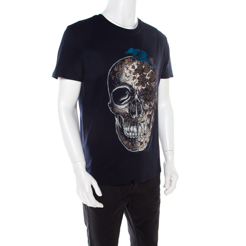 

Alexander McQueen Navy Blue Skull and Ivy Printed Cotton T-Shirt