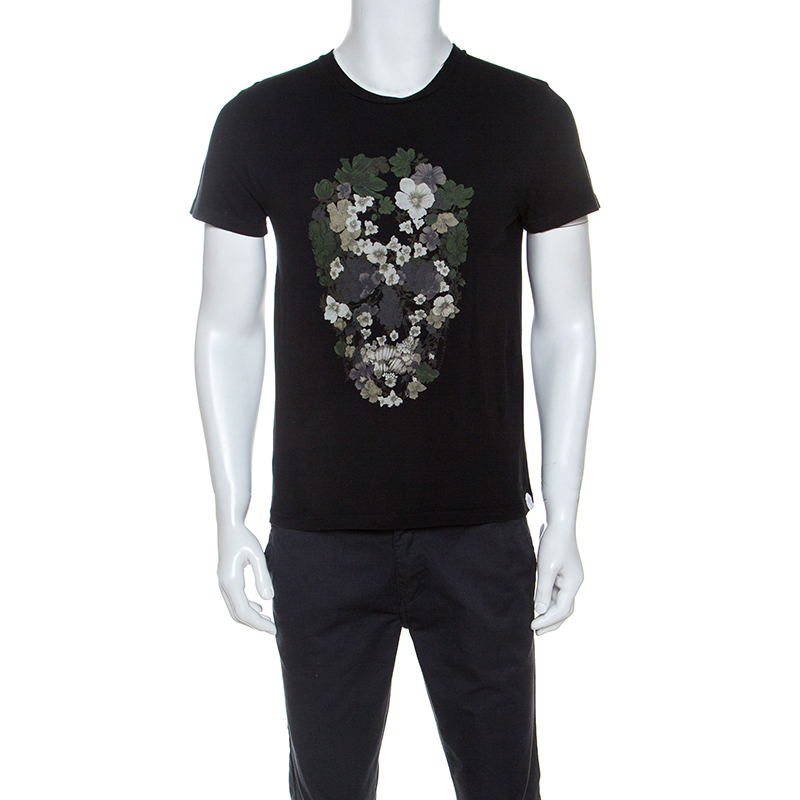Pre Owned Alexander McQueen Black Cotton Floral Skull Print T-shirt S