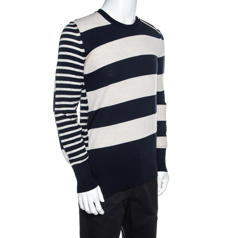 

Alexander McQueen Bicolor Striped Wool Asymmetric Hem Sweater, Navy blue