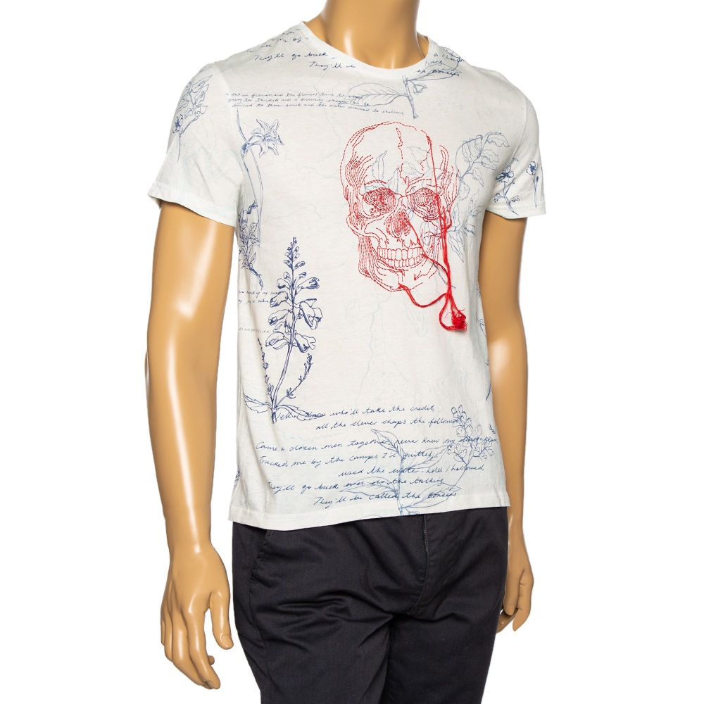 

Alexander McQueen Printed White Distressed Embroidered Skull Detail T-Shirt