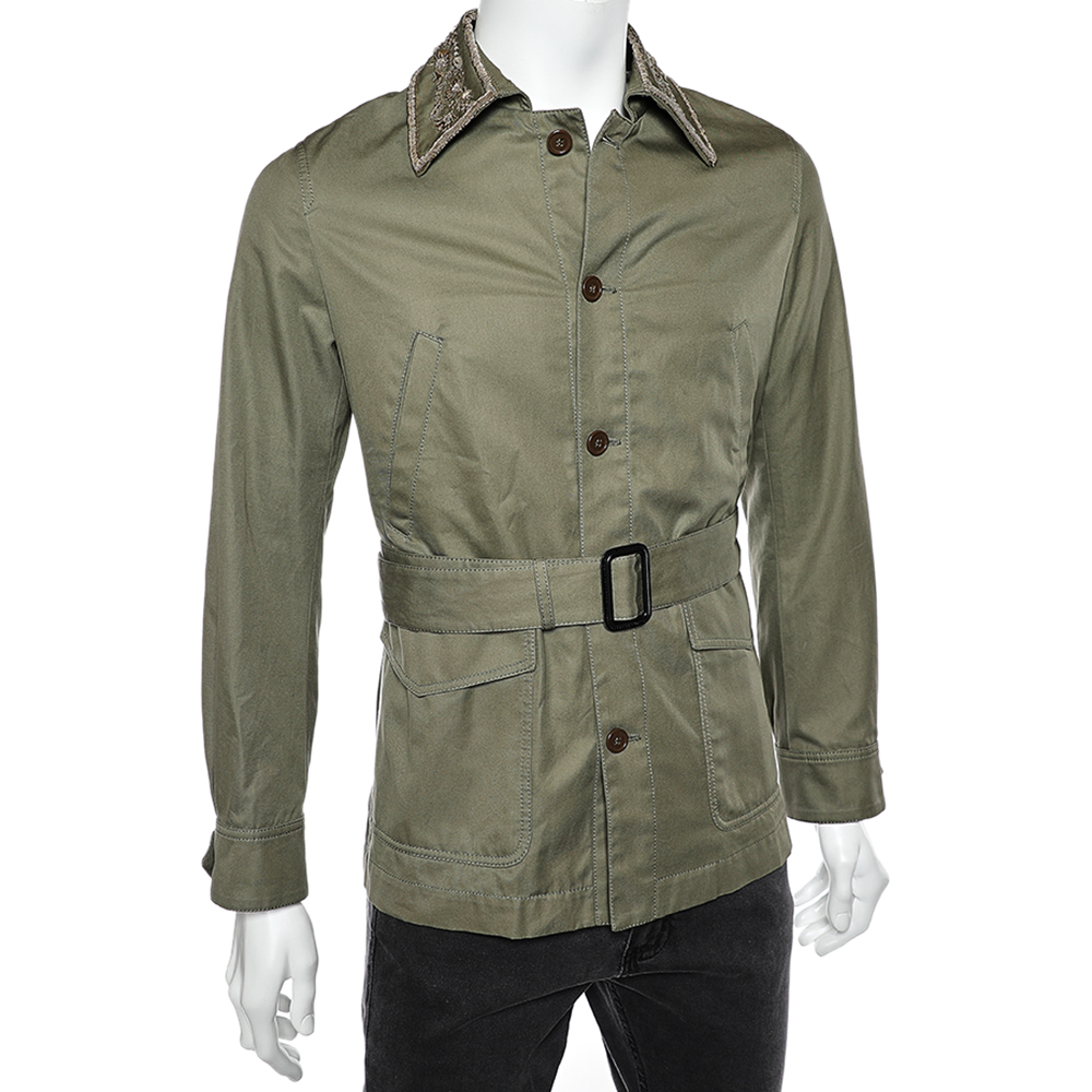 

Alexander McQueen Olive Green Cotton Embroidered Collar Detail Belted Parka
