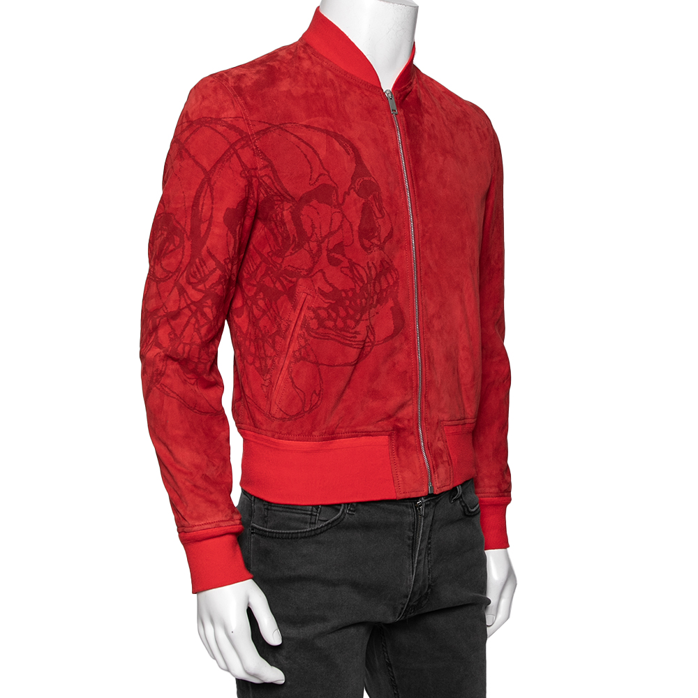 

Alexander McQueen Red Suede Skull Embossed Jacket