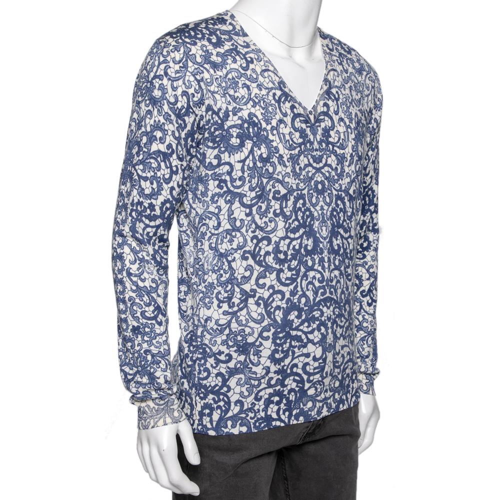 

Alexander McQueen Blue Printed Wool & Silk V-Neck Sweater