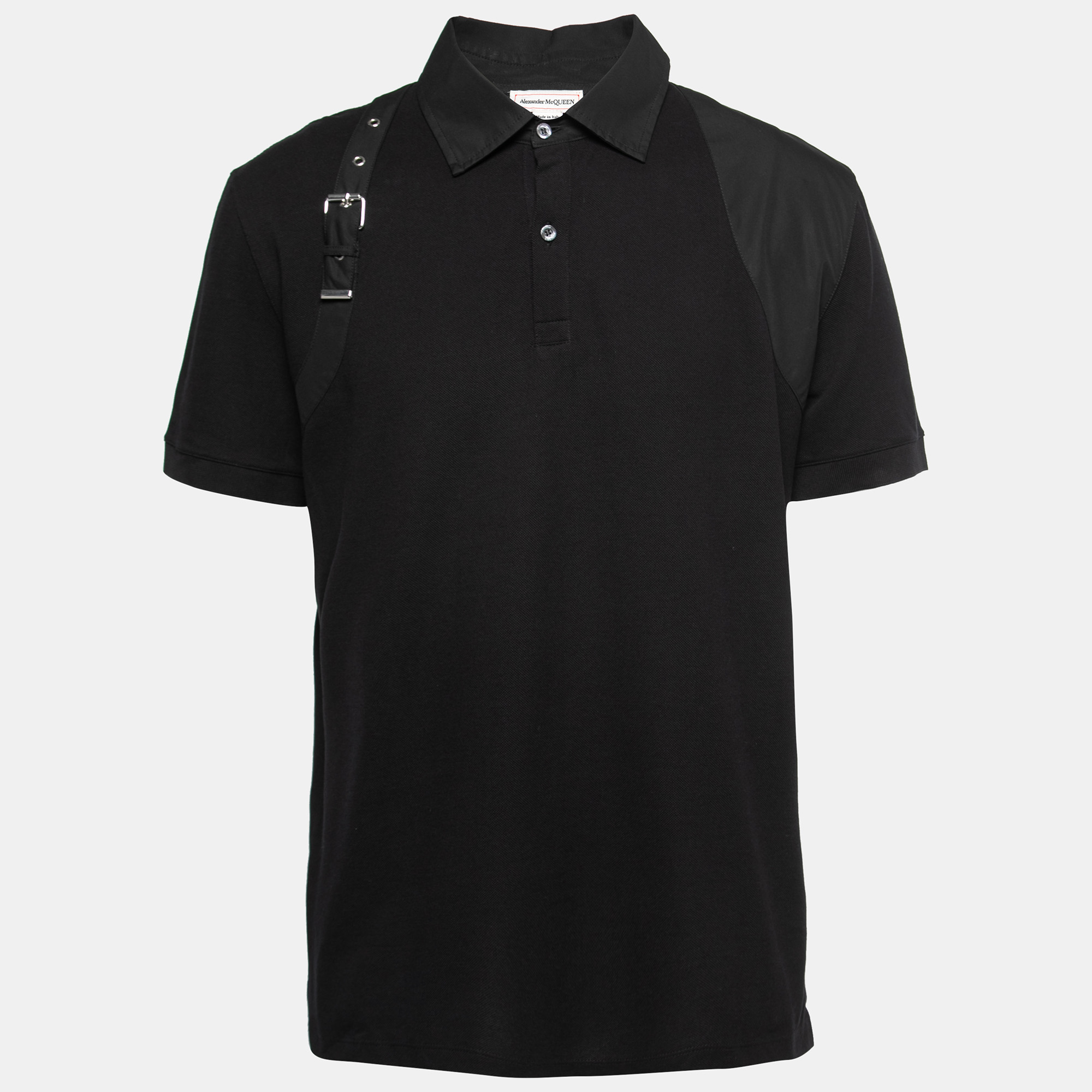 Pre Owned Alexander McQueen Black Cotton Pique Harness Appliqued Polo T-Shirt XXL