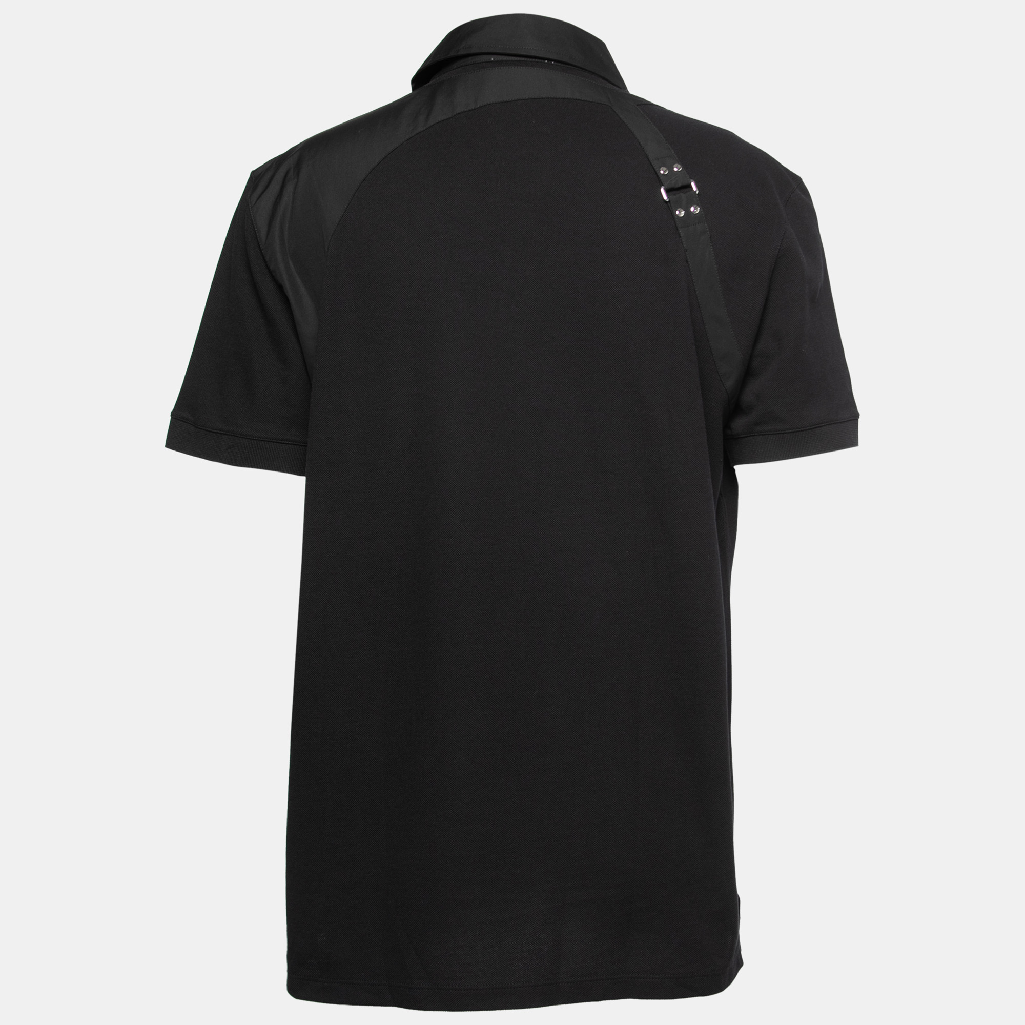 

Alexander McQueen Black Cotton Pique Harness Appliqued Polo T-Shirt