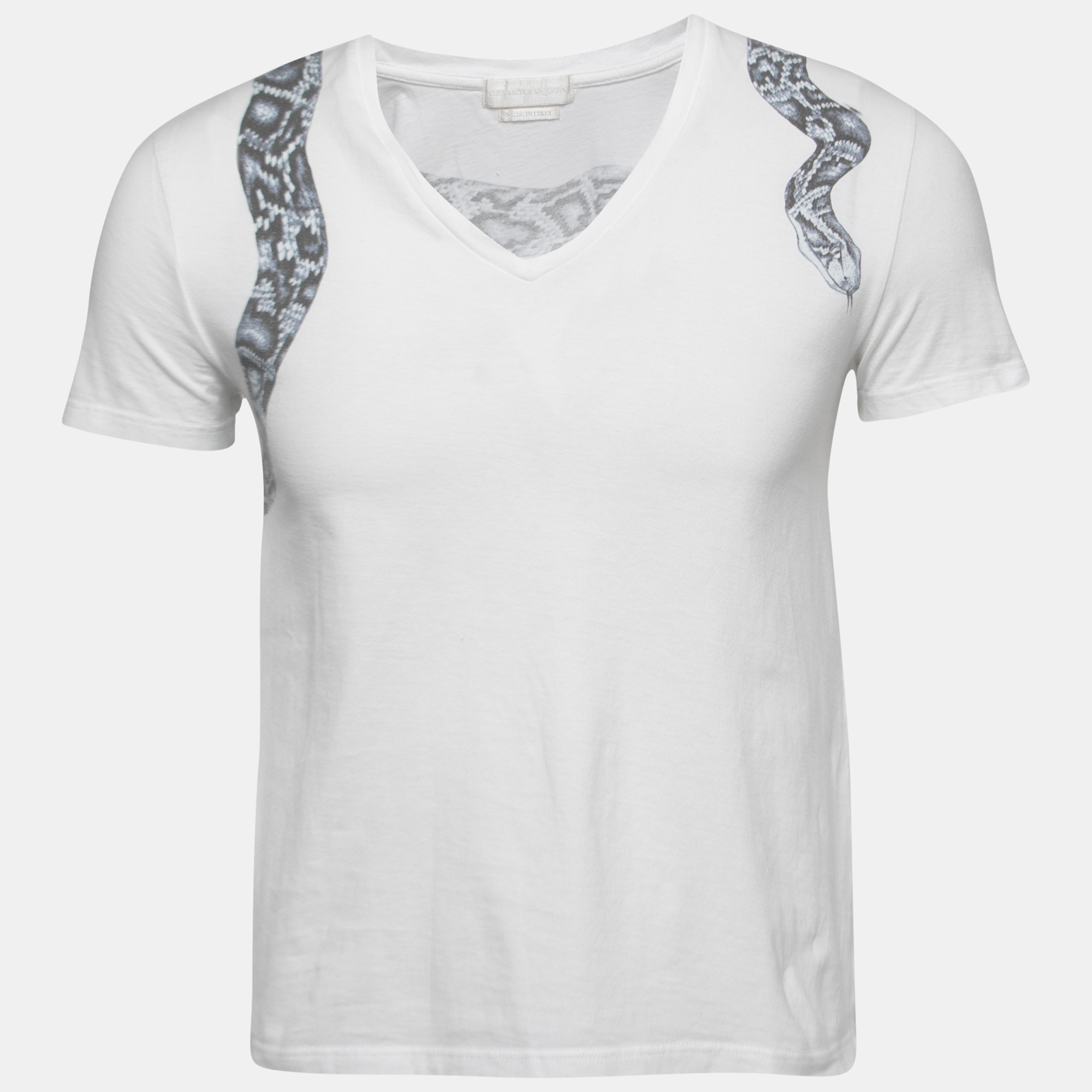 

Alexander McQueen White Snake Print Cotton V-Neck T-Shirt