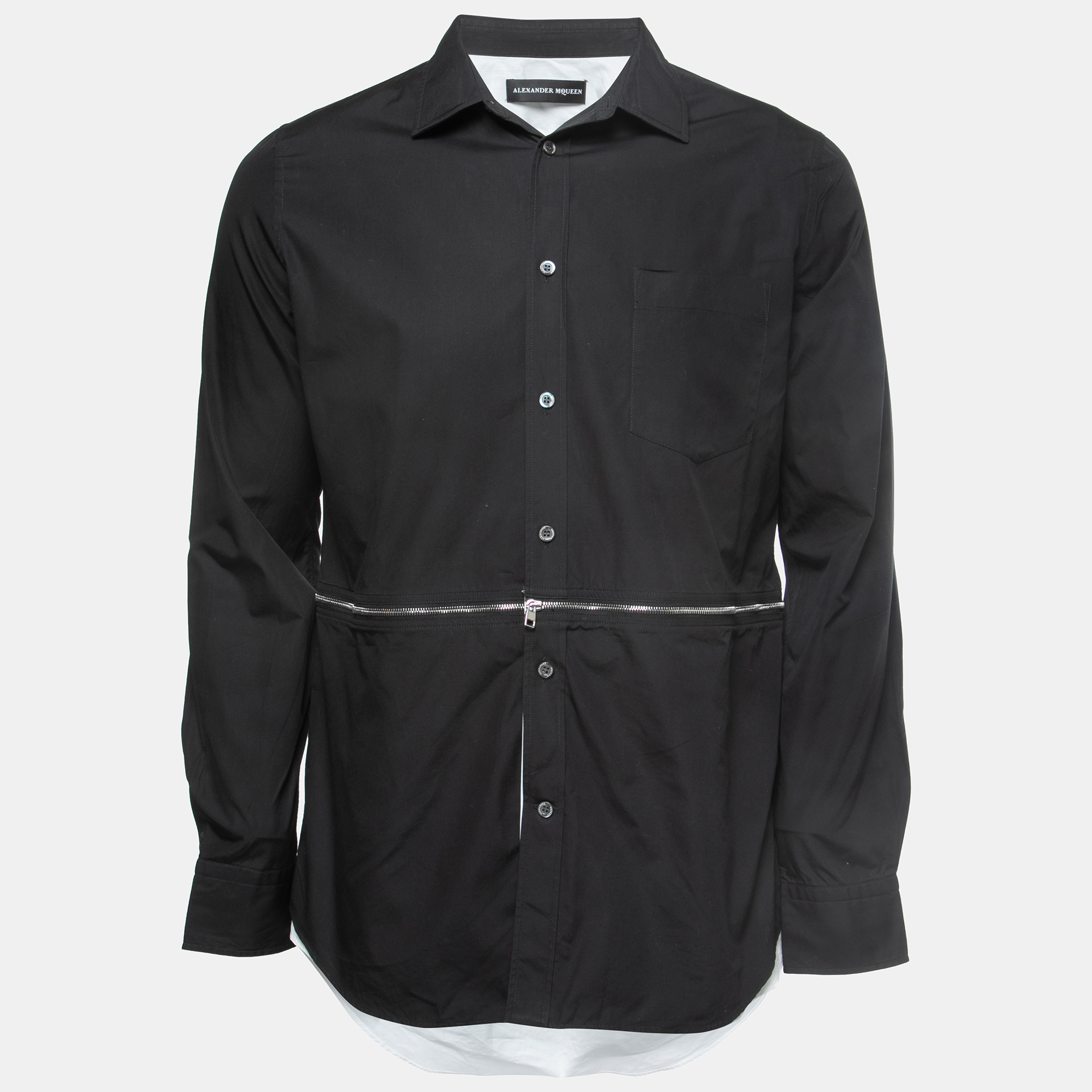 Pre-owned Alexander Mcqueen Black Cotton Zip Detail Button Front Full Sleeve Shirt L