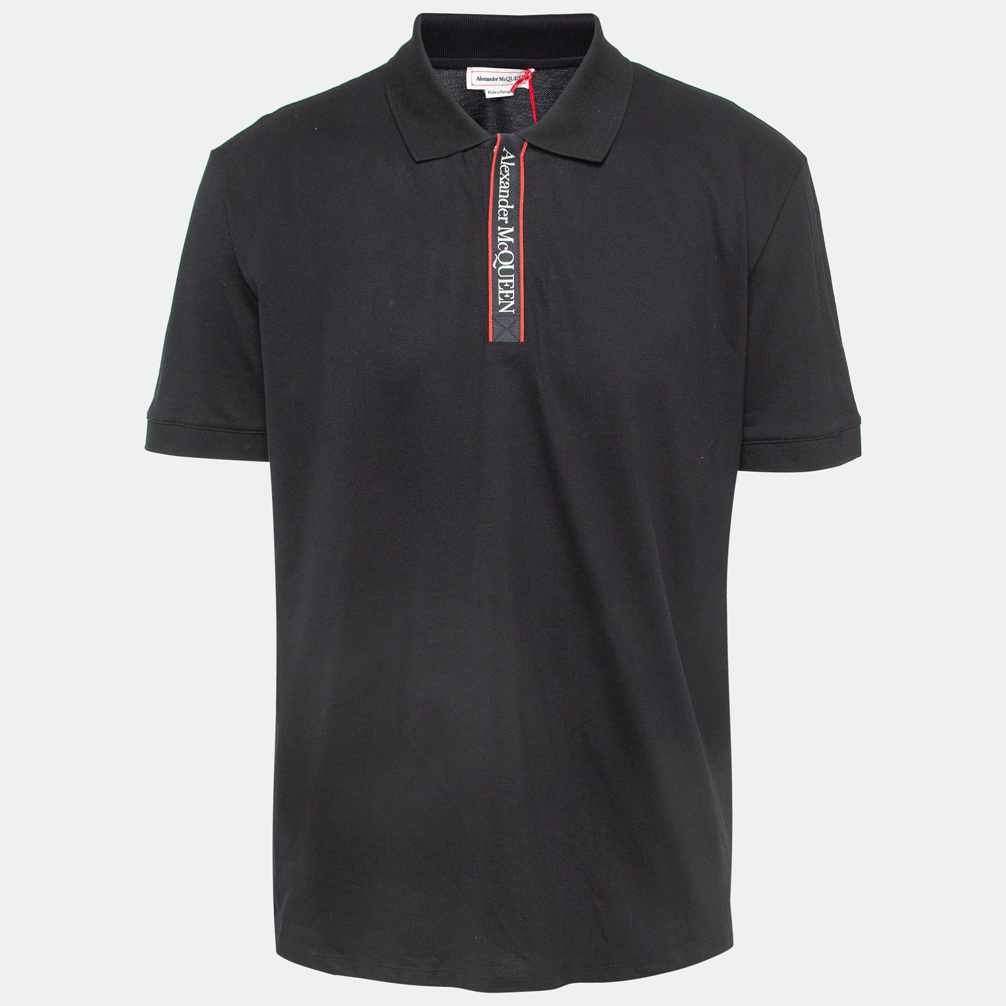 Pre Owned Alexander McQueen Black Logo Intarsia Pique Cotton Polo T-Shirt XXL