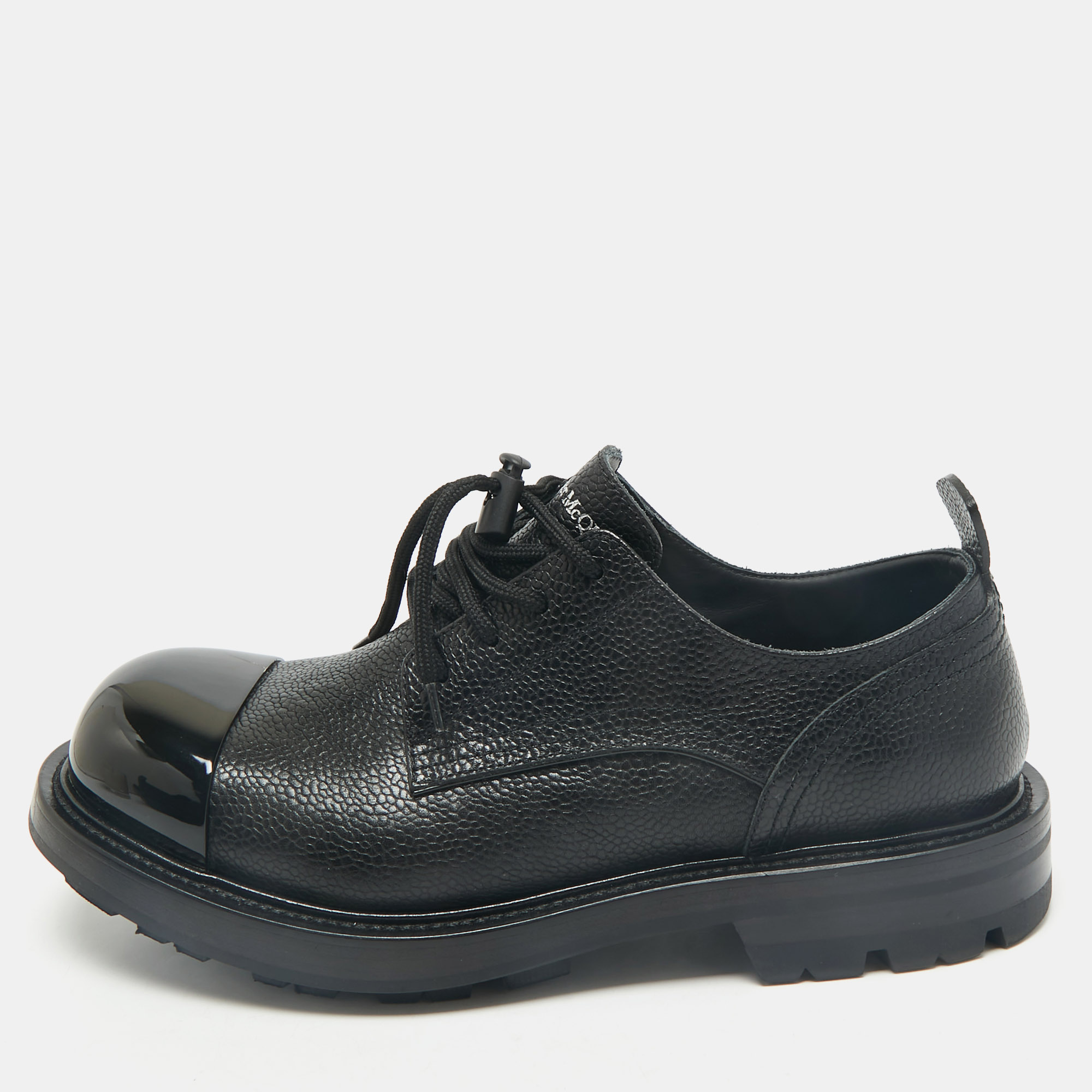 

Alexander McQueen Black Leather Metal Cap Toe Derby Size