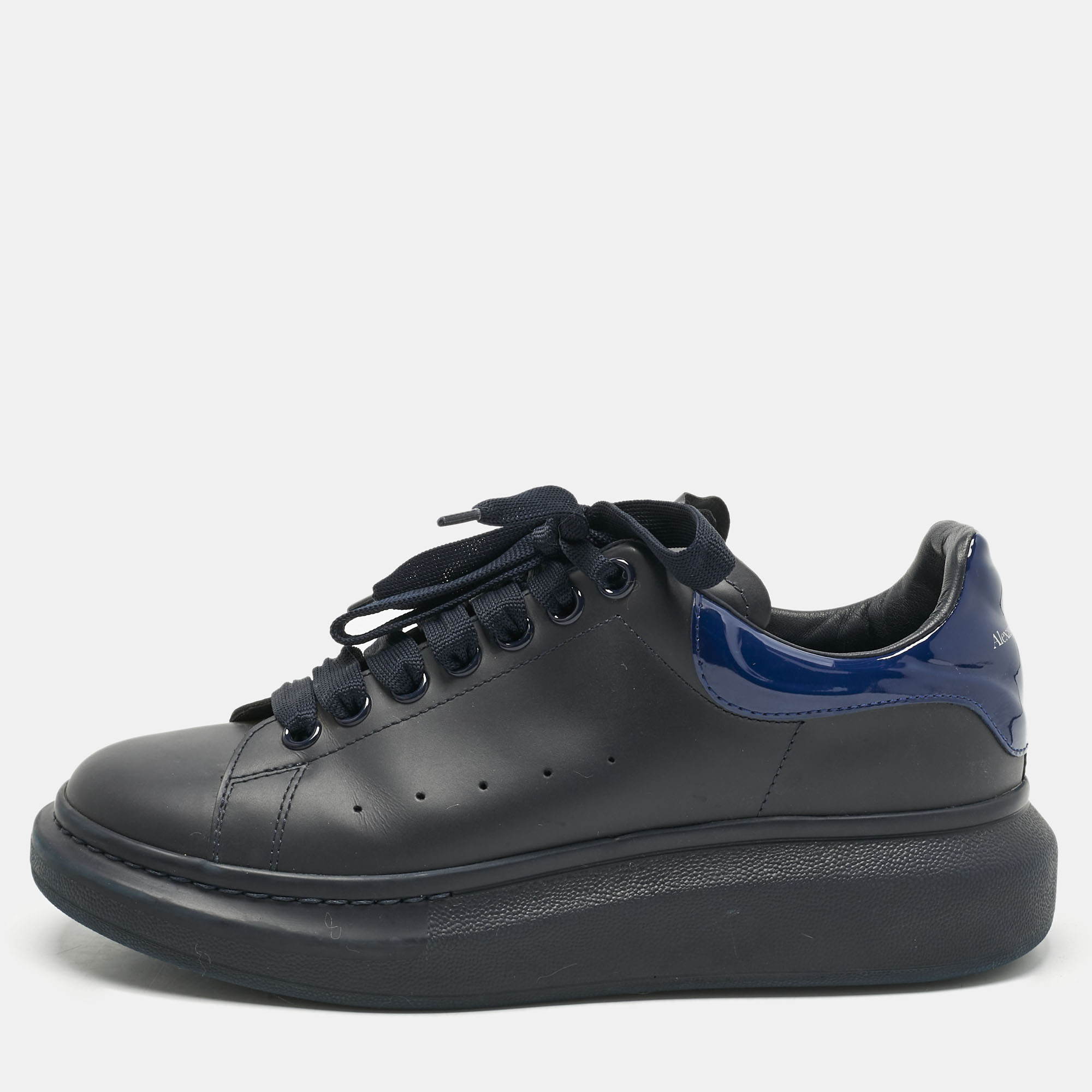 

Alexander McQueen Navy Blue Leather and Patent Leather Oversized Lace Up Sneakers Size