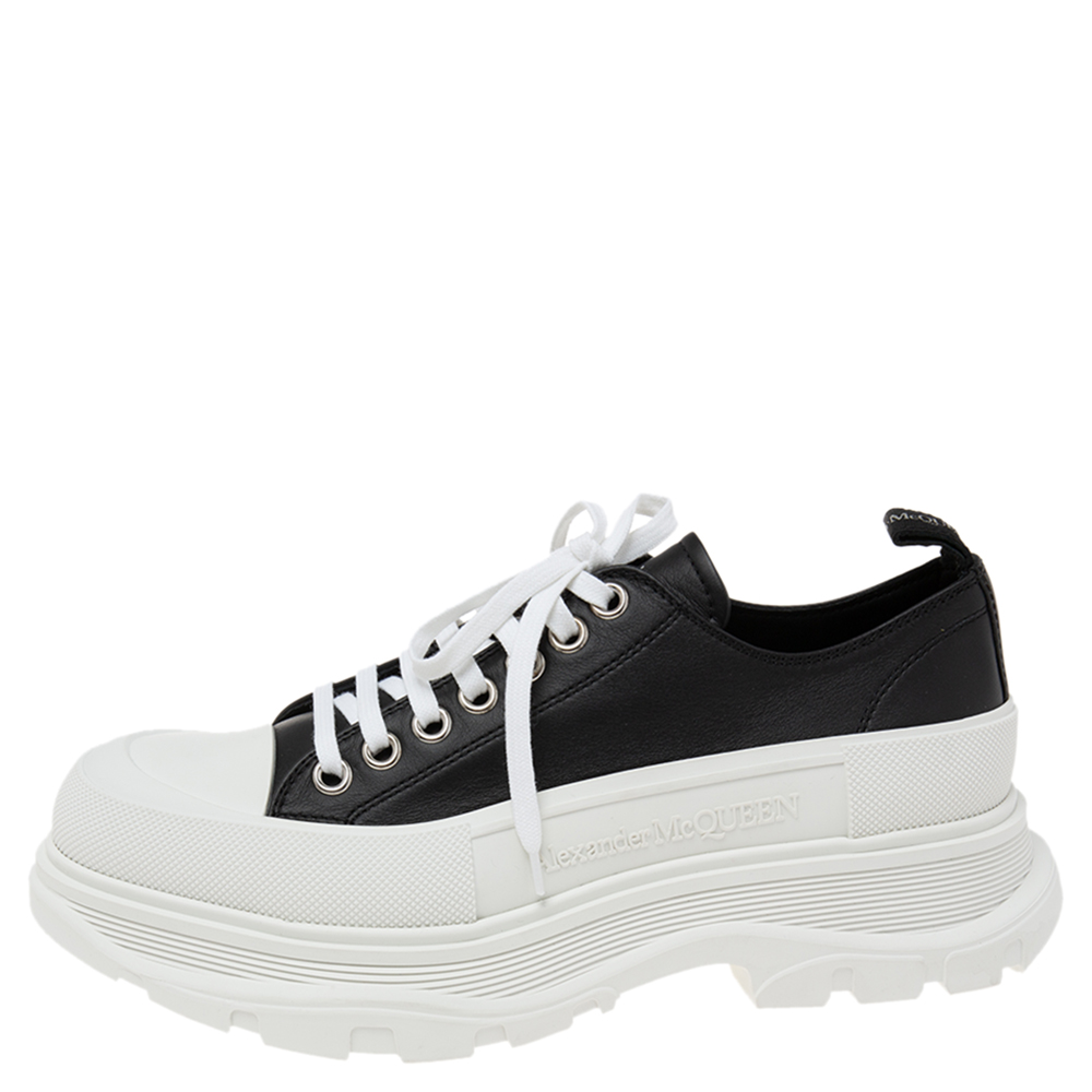 

Alexander McQueen Black/White Leather And Rubber Tread Slick Low Top Sneakers Size