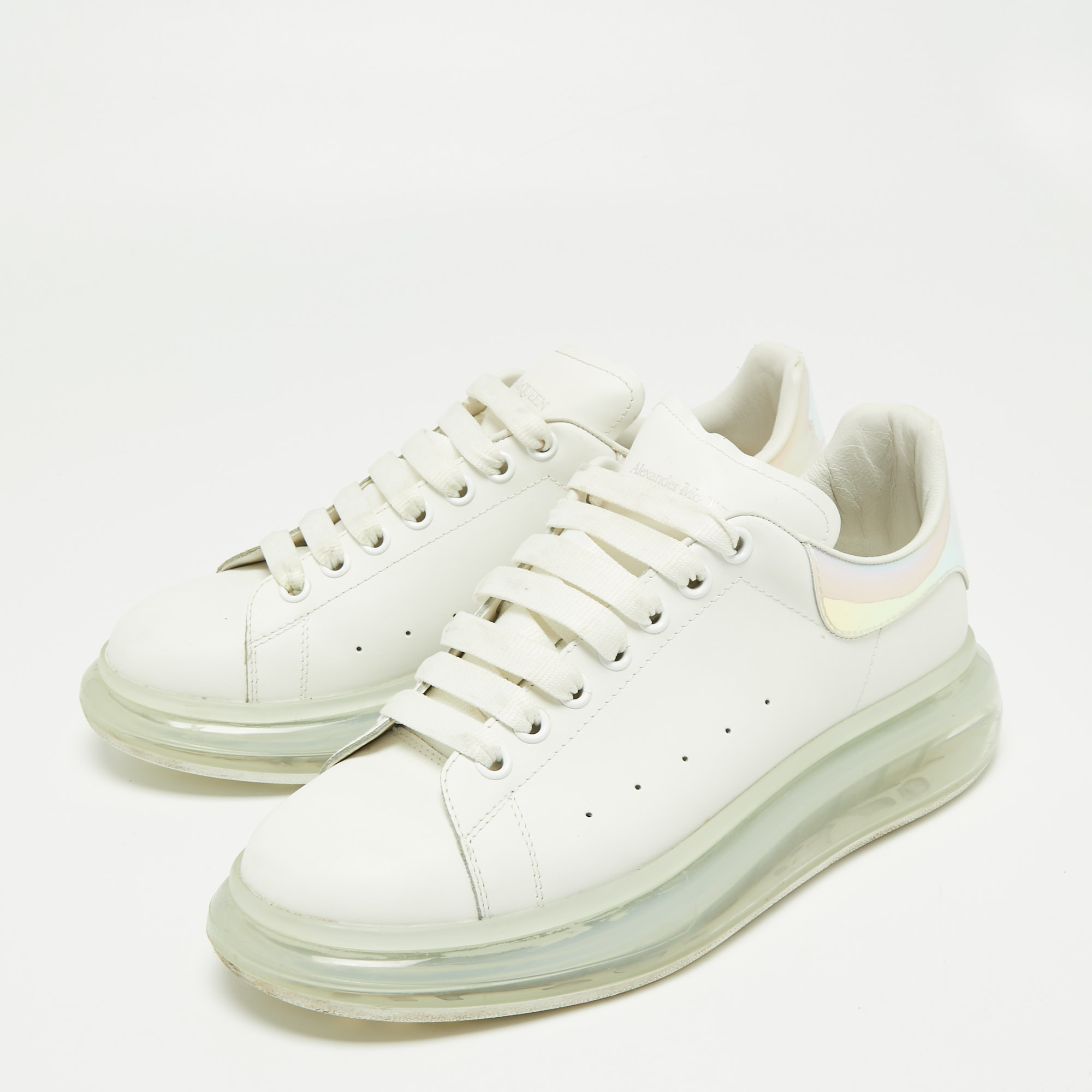 

Alexander McQueen White Leather and Patent Oversized Clear Sole Sneakers Size