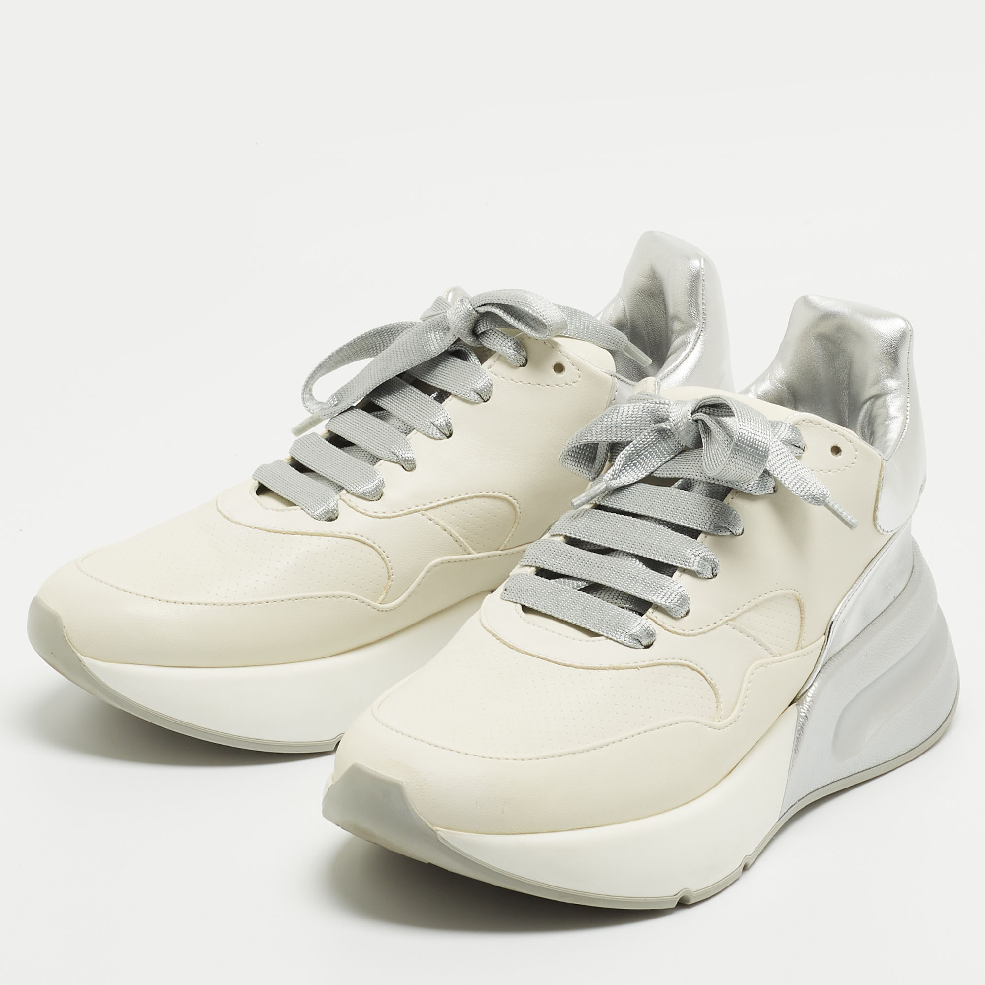 

Alexander Mcqueen White/ Silver Leather Oversized Sneakers Size