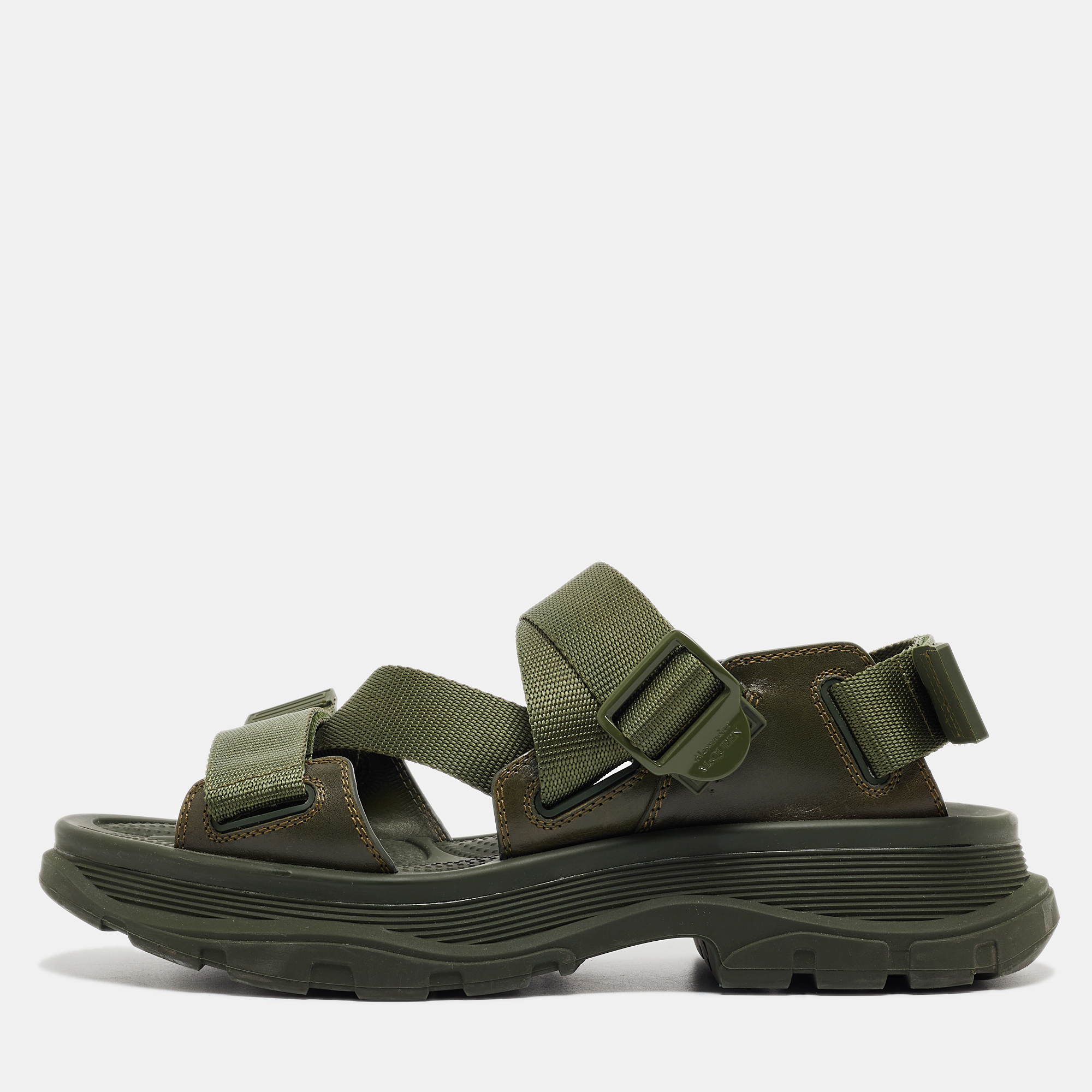 Pre-owned Alexander Mcqueen Military Green Nylon Tread Flat Sandals Size 43