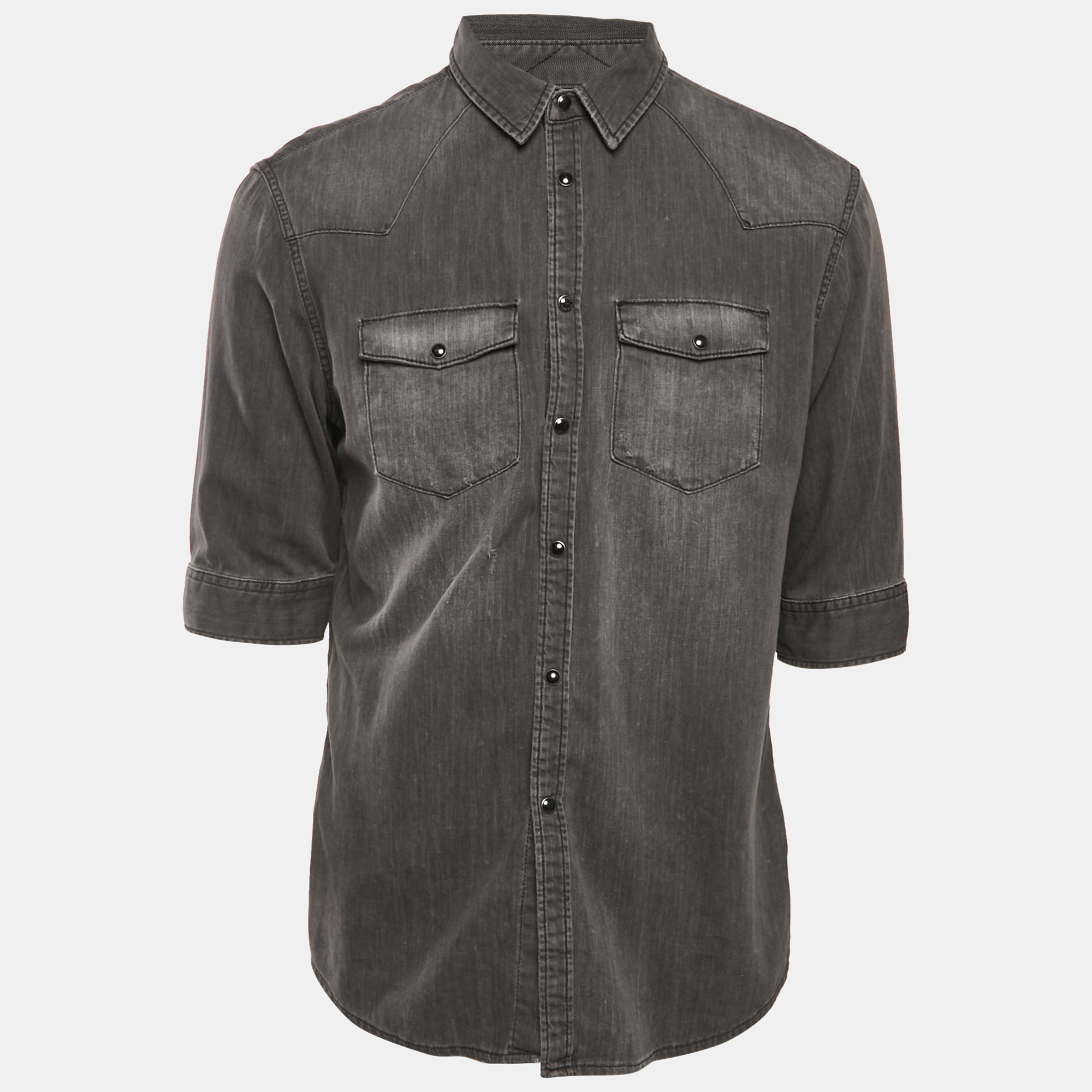 

All Saints Dark Grey Distressed Denim Half Sleeve Button Front Shirt XL