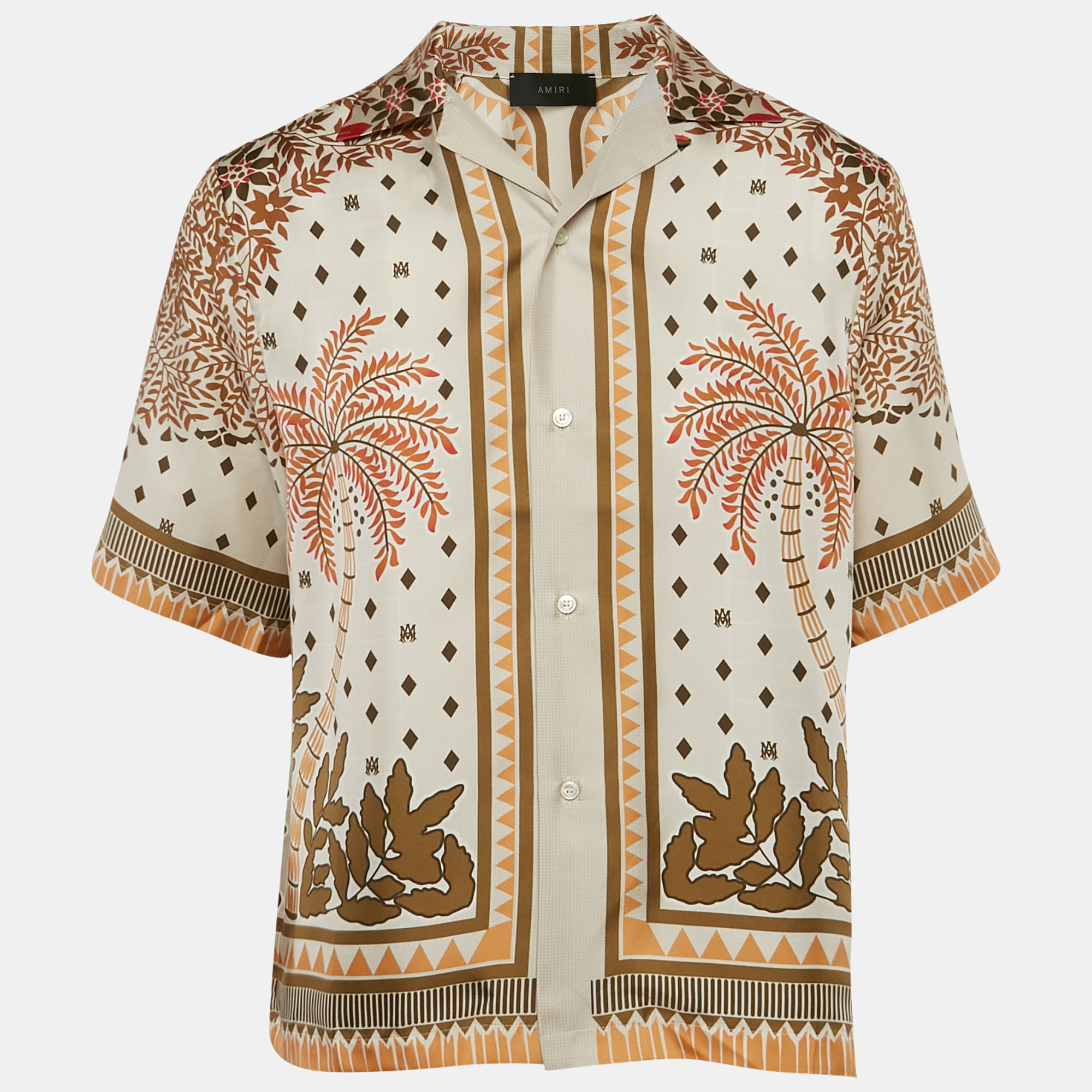 

Amiri Green/Beige Psalm Tree Print Silk Bowling Shirt M