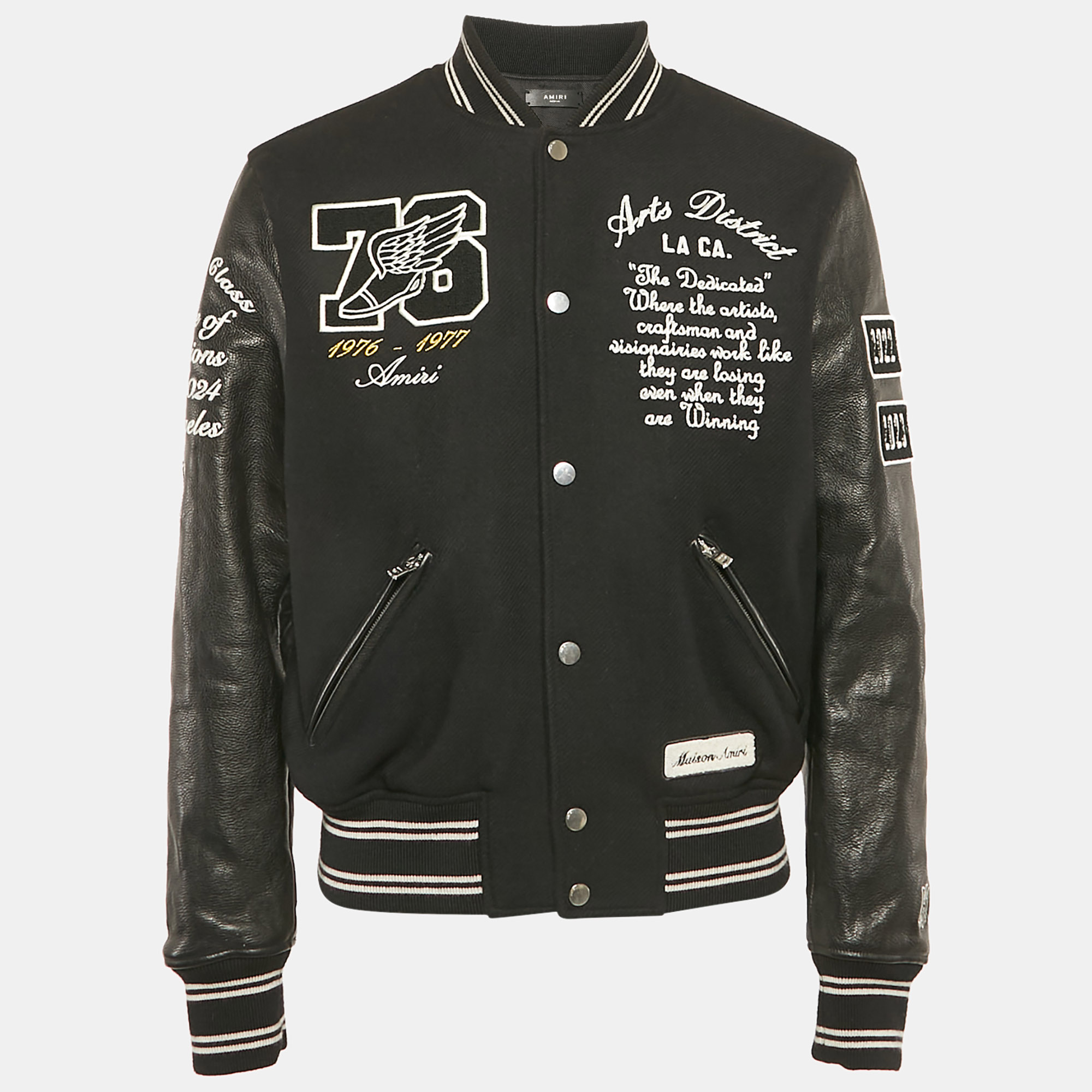 

Amiri Black Embroidered Wool and Leather Varsity Jacket S